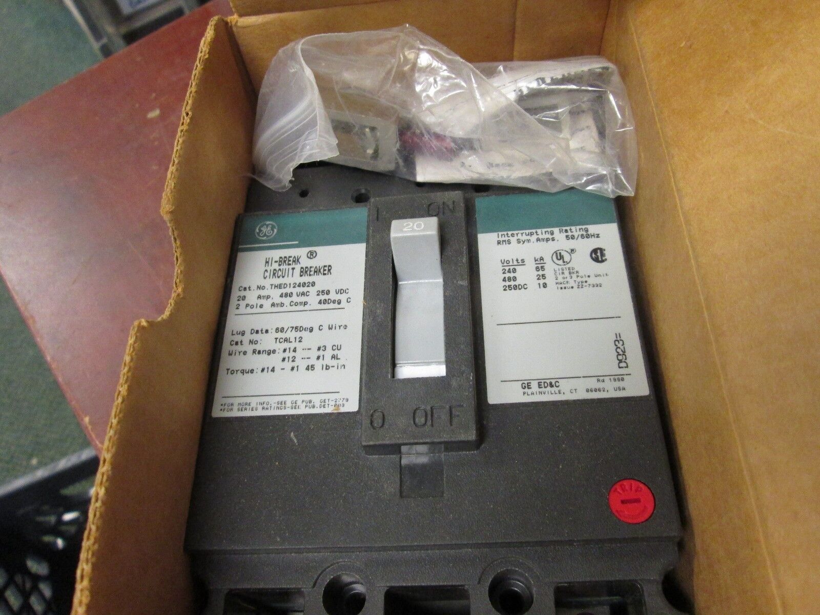 GE Hi-Break Circuit Breaker THED124020WL 20A 480VAC/250VDC 2P New Surplus