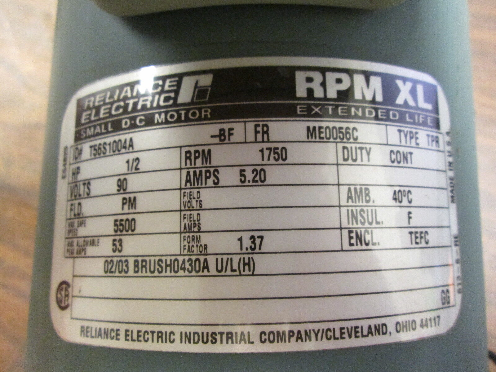 Reliance DC Motor T56S1004A ½HP 1800RPM FR:ME0056C ENCL:TEFC 90V 5.2A Used