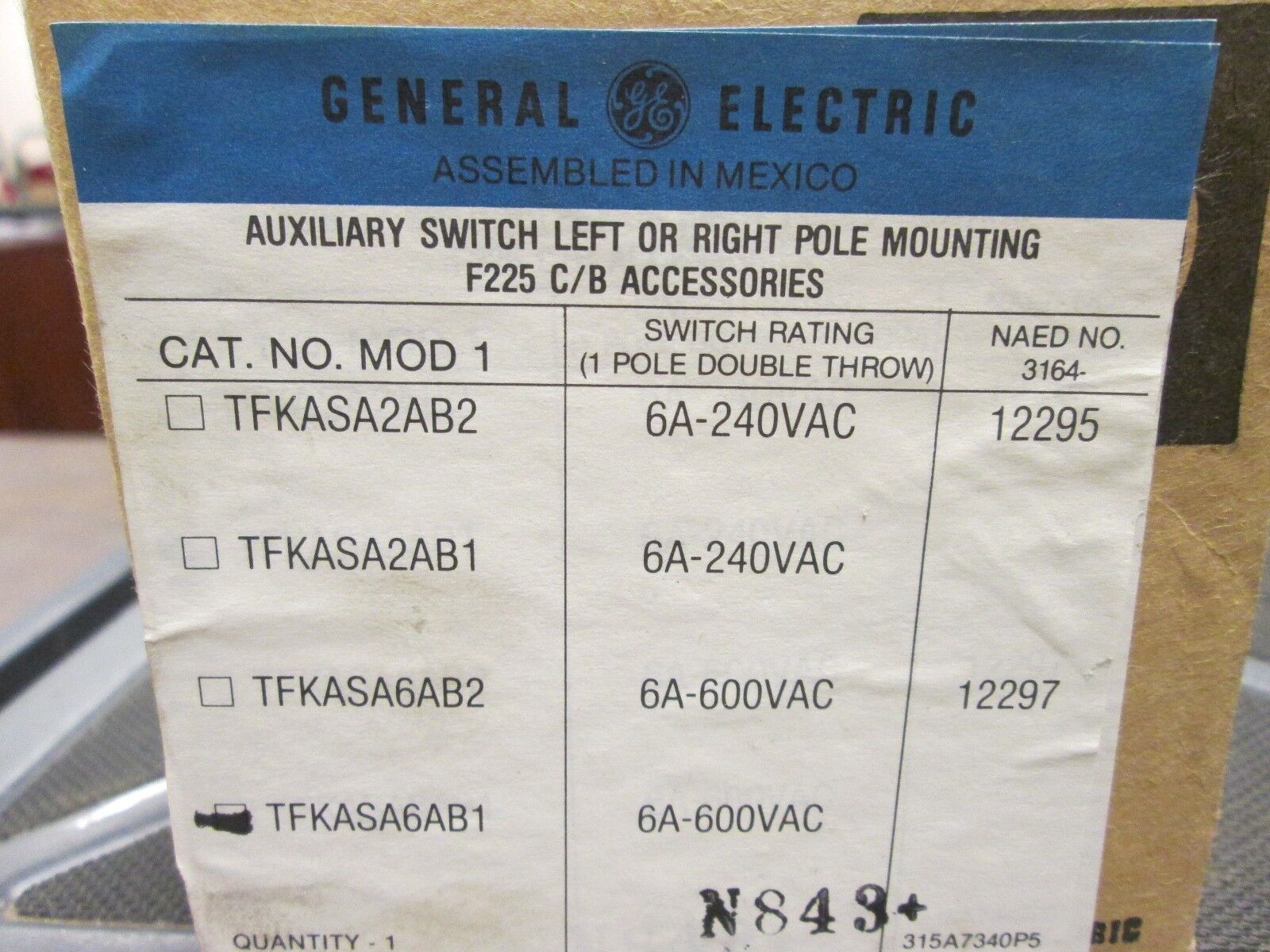 GE  Aux Switch  TFKASA6AB1  6A  600VAC New Surplus