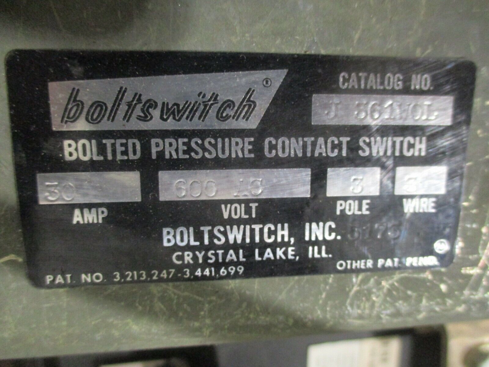 Boltswitch Bolted Pressure Contact Switch J 361WOL 30A 600V 3P 3W No Fuses Used