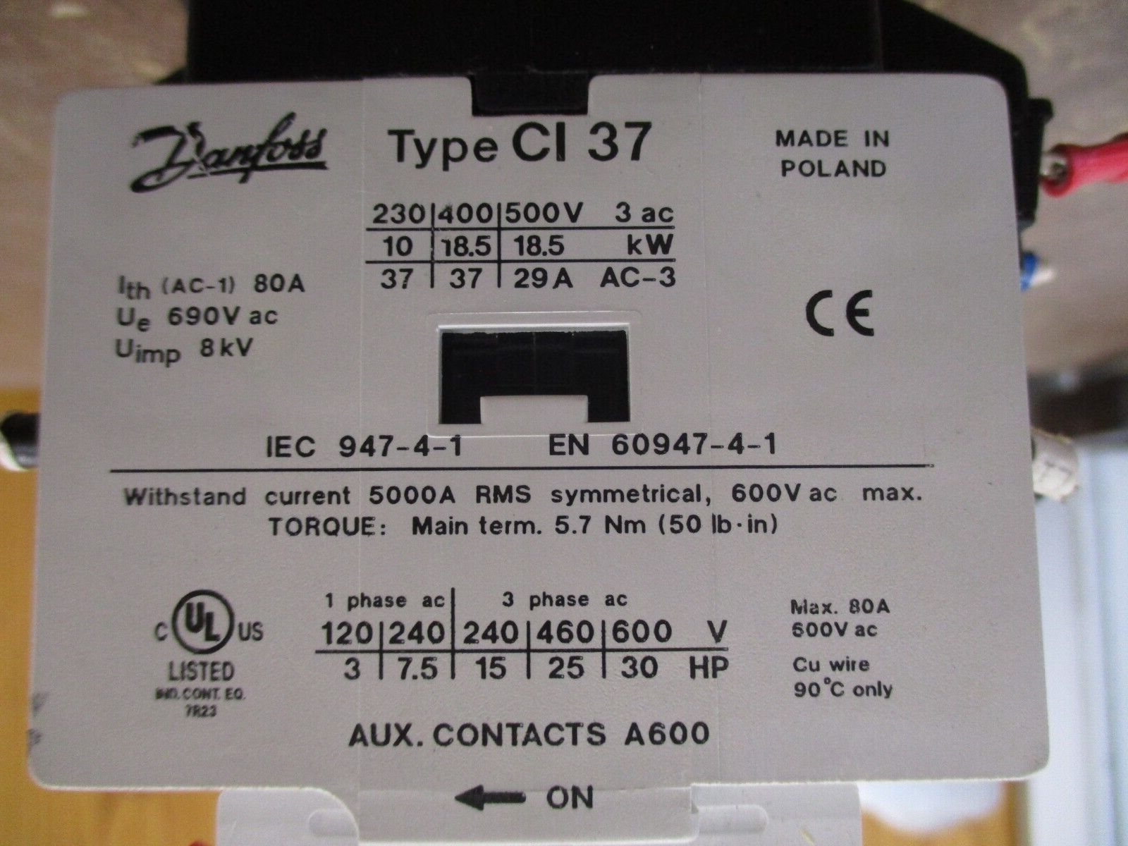 Danfoss Contactor CI 37 110V Coil 80A 600V w/ (2) Aux Contact Used