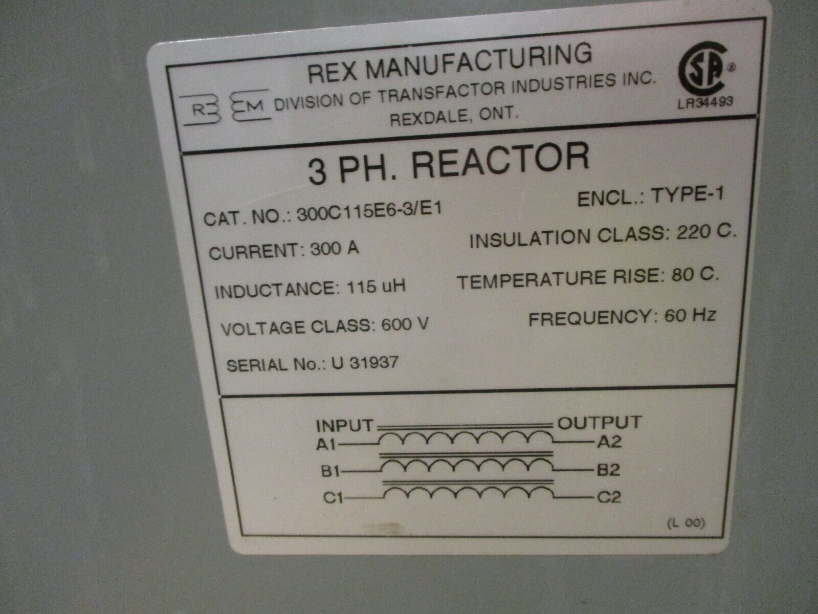 Rex Manufacturing 3Ph Reactor 300C115E6-3/E1 300A 600V 115UH 60Hz Used