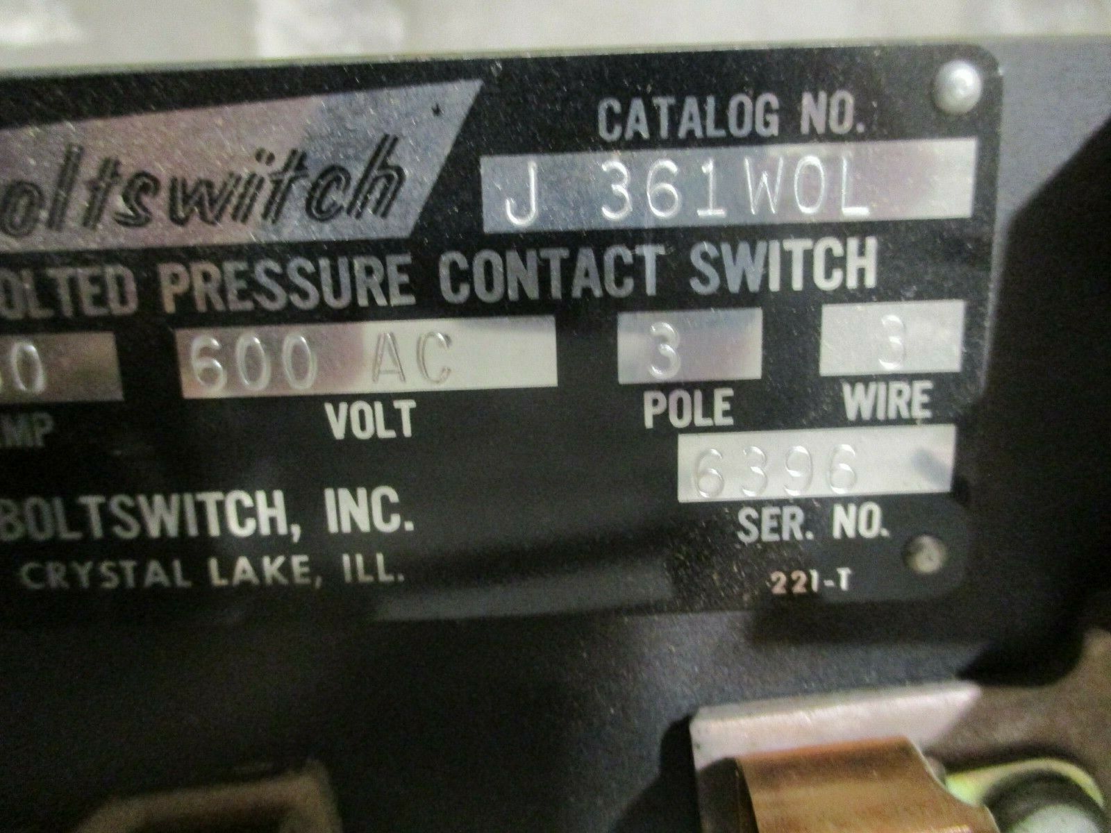 Boltswitch Bolted Pressure Contact Switch J 361WOL 30A 600V 3P 3W 30A Fuses Used