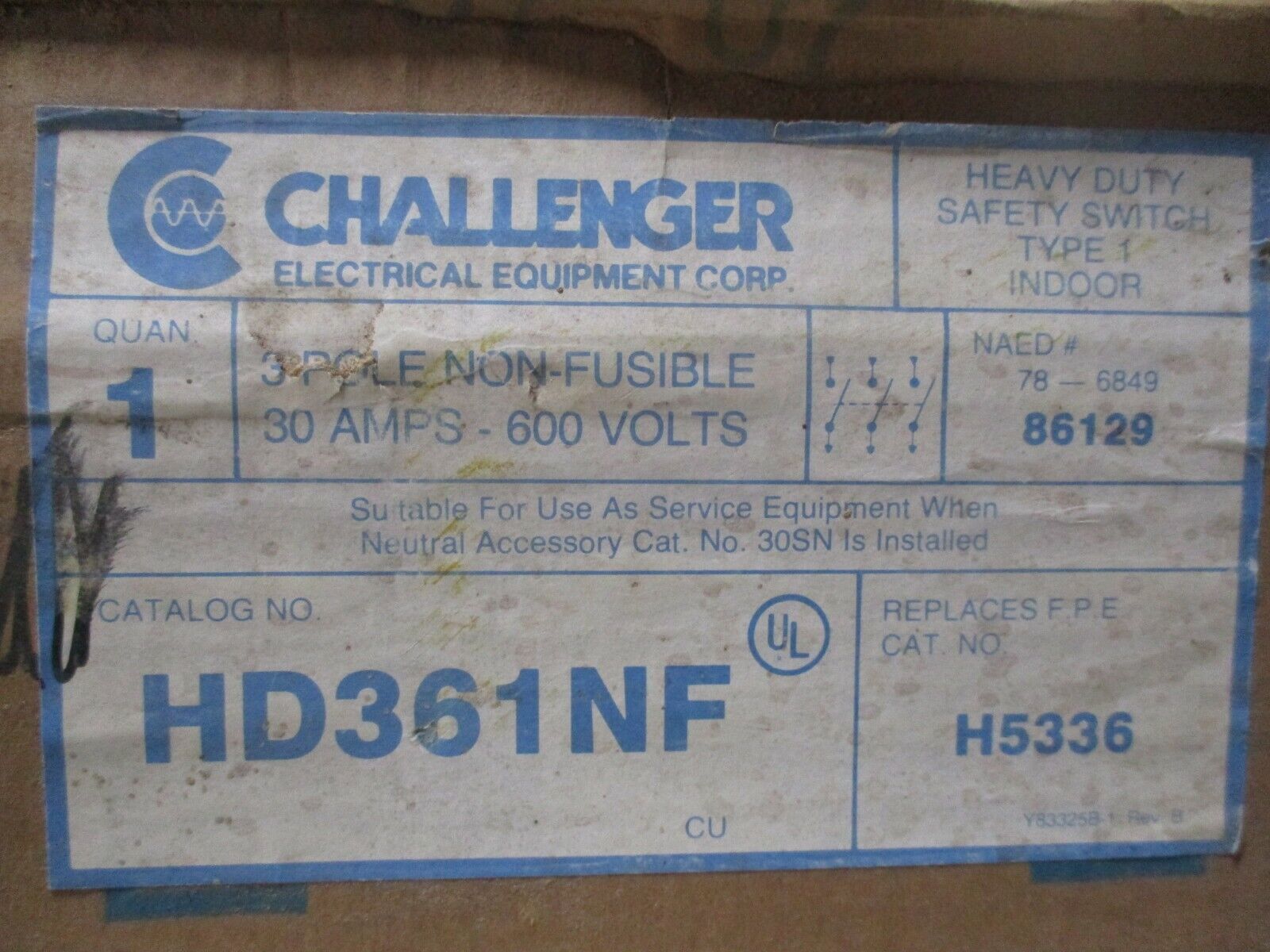 Challenger Non-Fusible Safety Switch / Disconnect HD361NF 30A 600V New Surplus