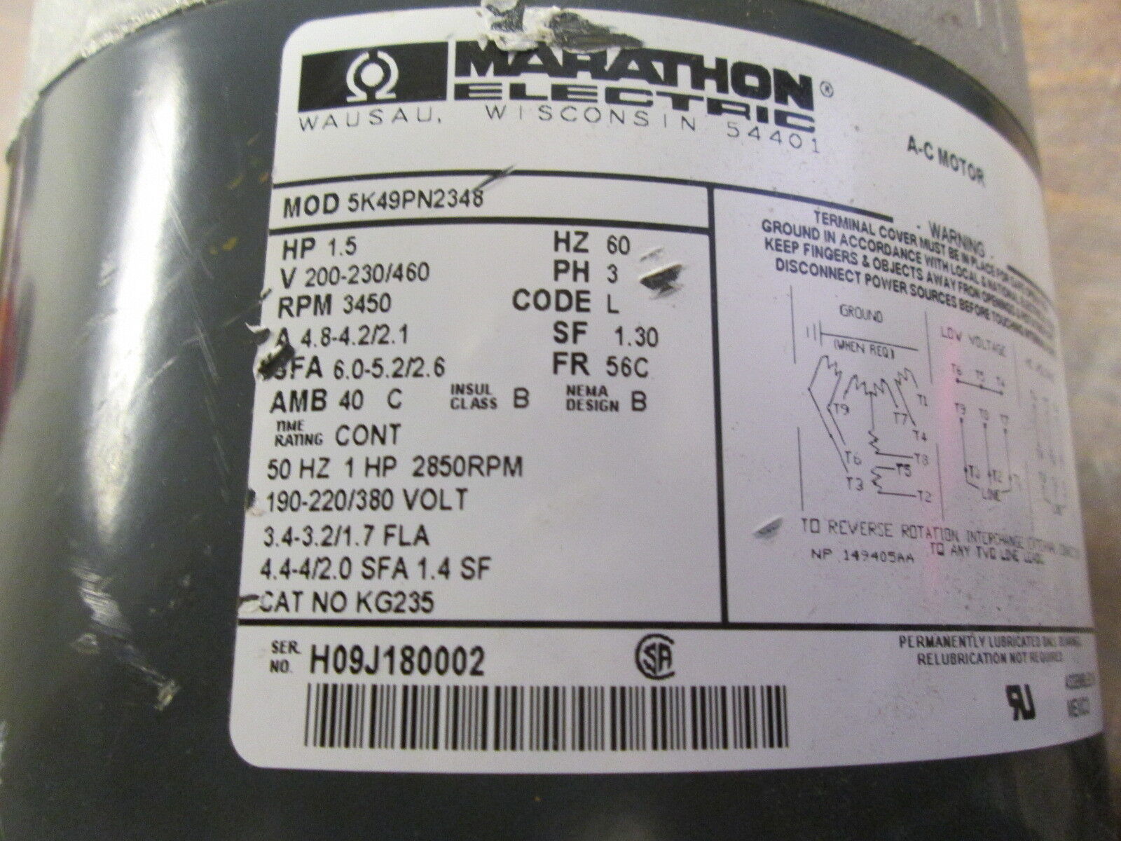 Marathon AC Motor 5K49PN2348 1.5HP 3450RPM FR:56C 200-230/460V 4.8-4.2/2.1A Used