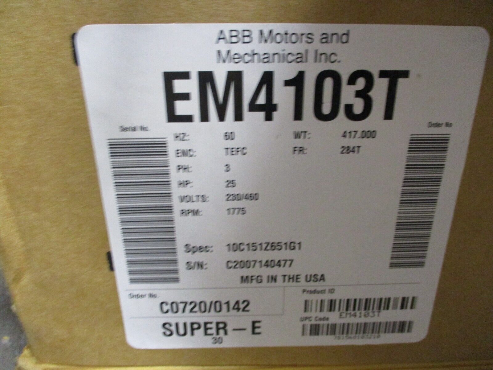 Baldor Motor EM4103T 25HP 1800RPM 230/460V 62/31A 60Hz 3Ph New Surplus