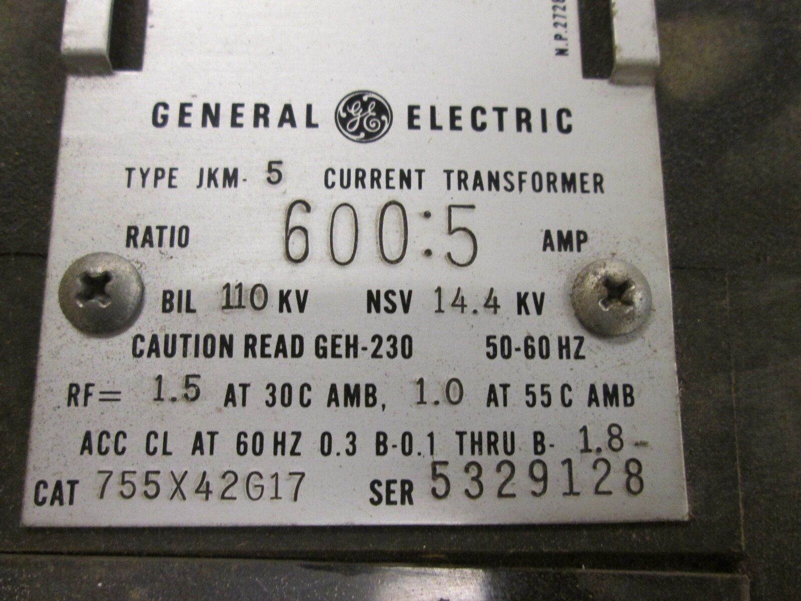 GE JKM 5 Current Transformer 755X42G17 600:5 Ratio  Bill 110 KV Used