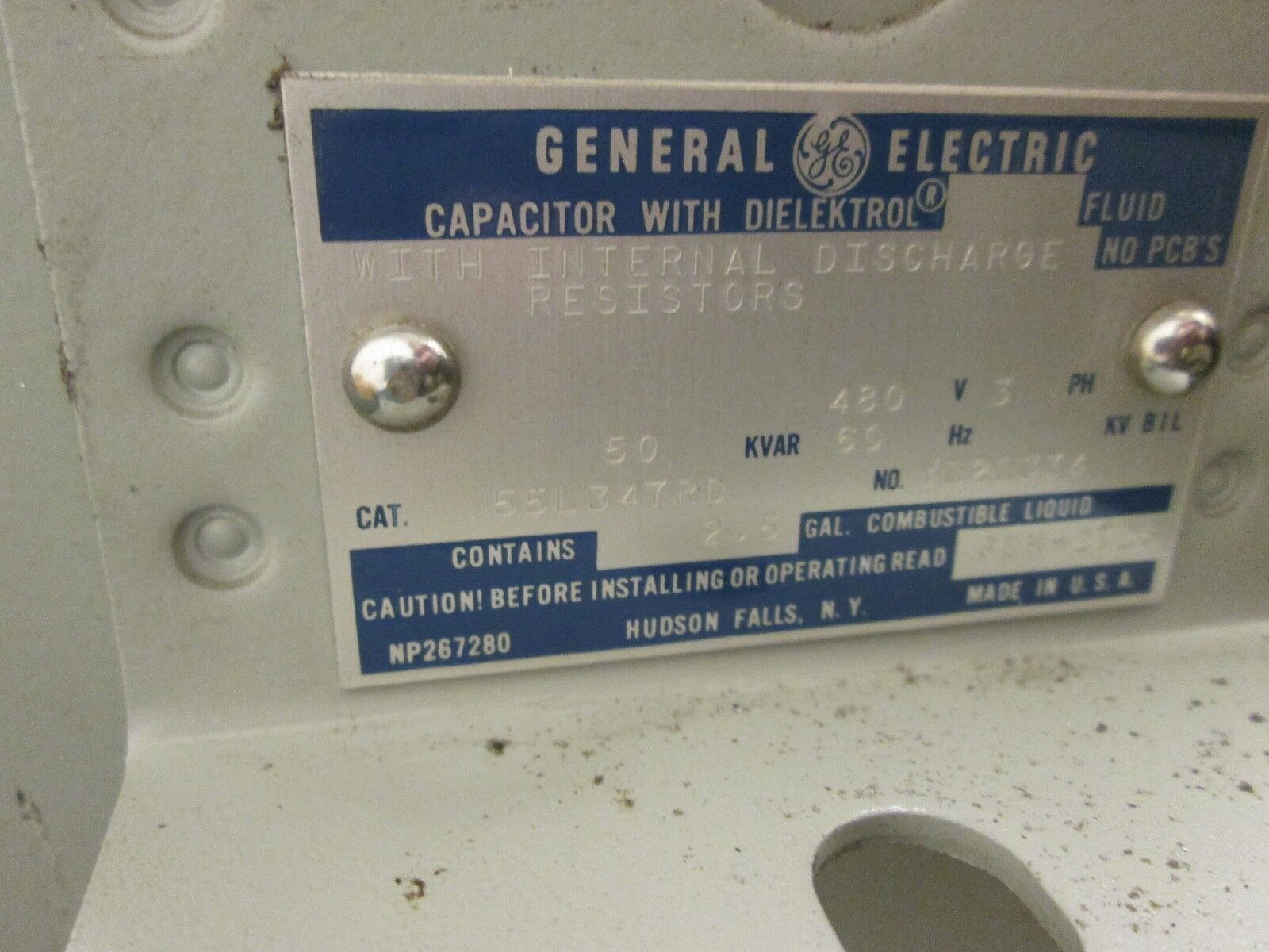 GE Dielektrol Capacitor 55L347RD 480V 50KVAR 60Hz 3Ph Used