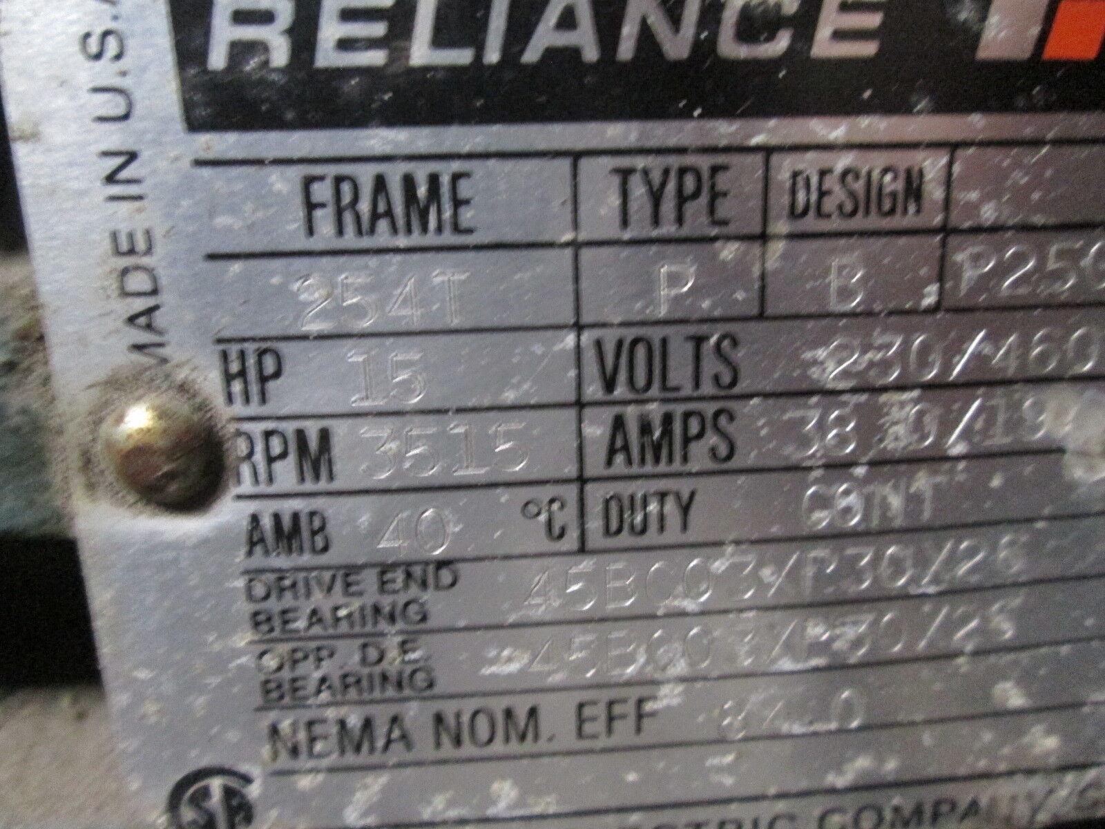 Reliance AC Motor P25G0371E-G19-VP/MN2820 15HP 3600RPM FR:254T ENCL:TEFC Used