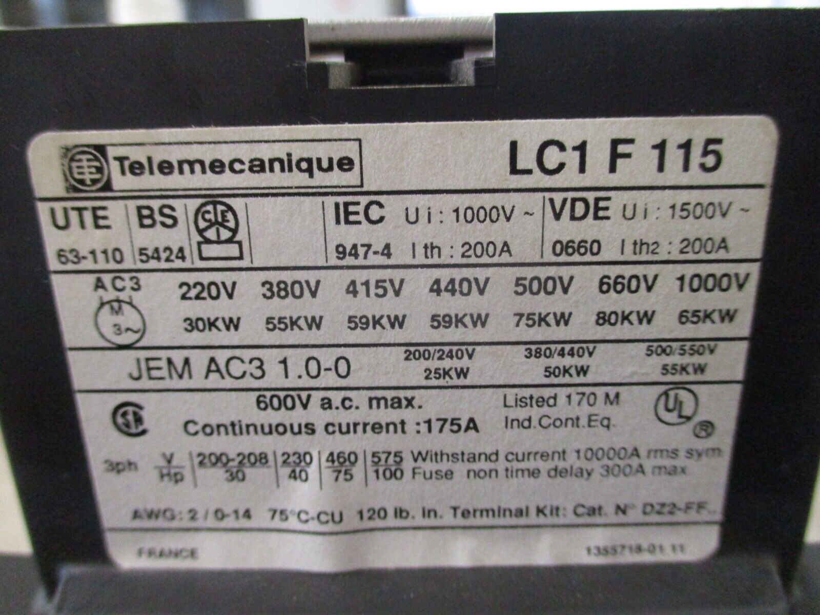 Telemecanique Contactor LC1F115 265/277V Coil 175A 600V w/ Aux Contact Block