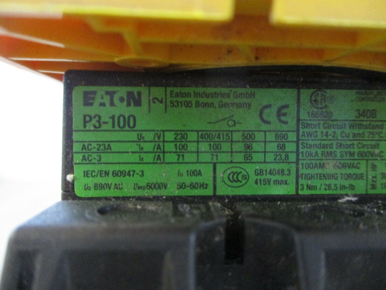 Eaton Disconnect Switch P3-100 100A 600V Used