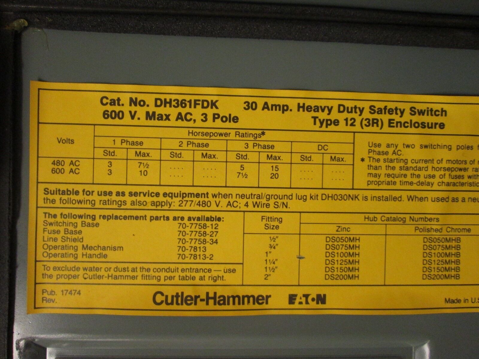 Cutler-Hammer Fusible 3R Safety Switch DH361FDK 30A 600V 3P Used