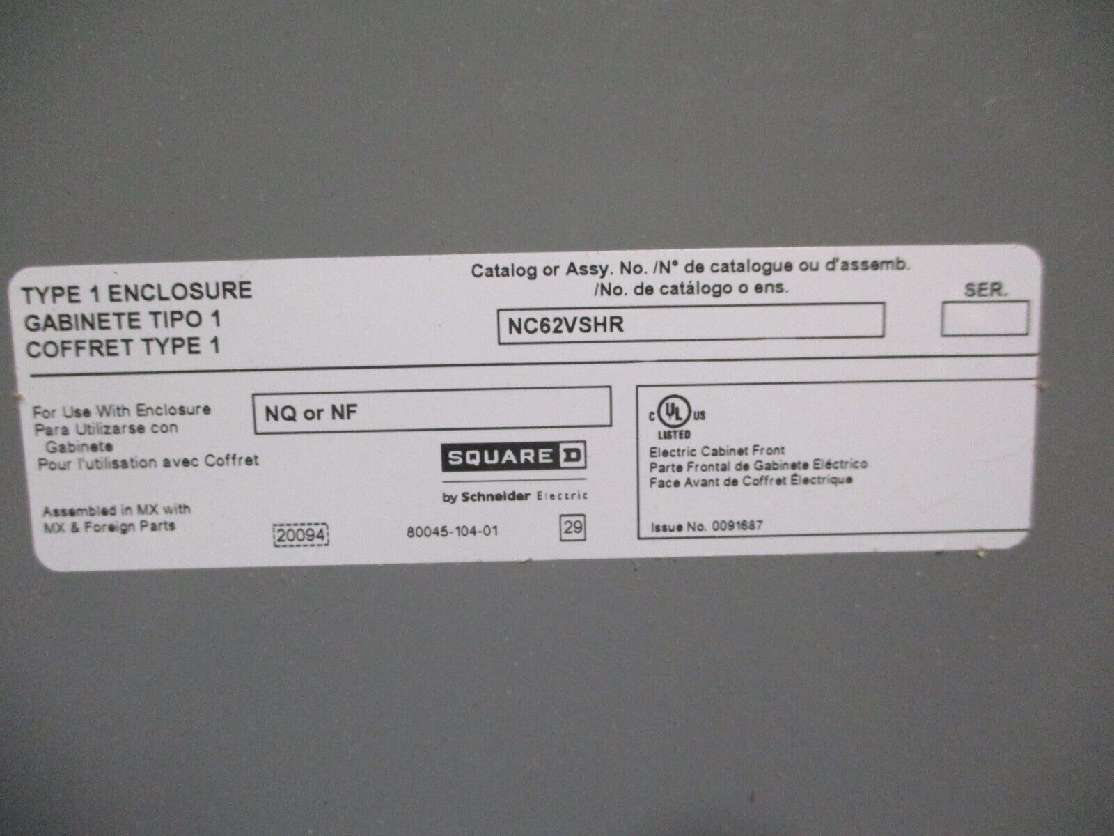 Sqaure D Breaker Panel Cover NC62VSHR 62" Surface Mount New Surplus