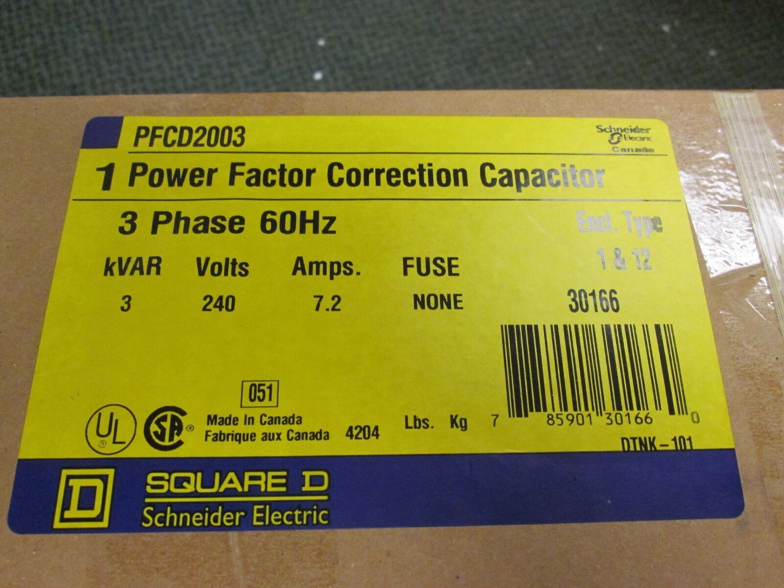 Square D Power Factor Correction Capacitor PFCD2003 3KVAR 240V 3Ph 60Hz Used