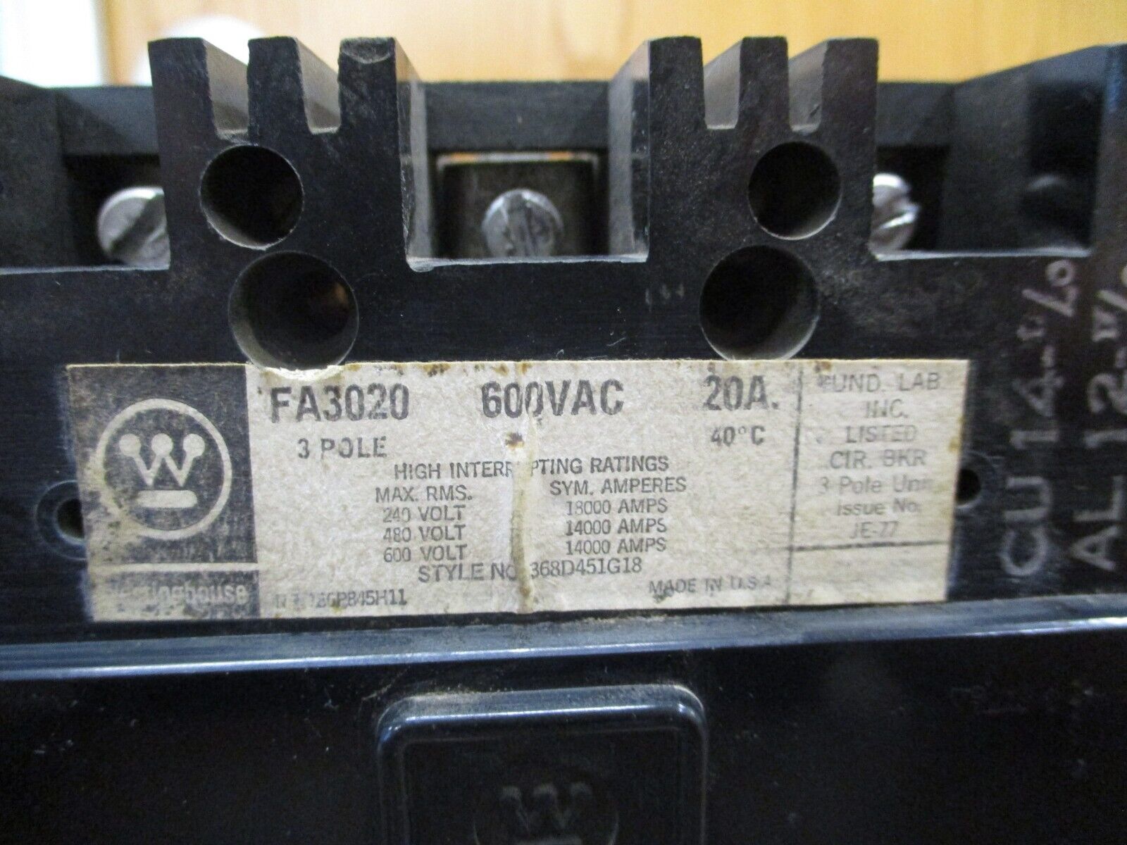 Westinghouse Circuit Breaker FA3020 20A 600V 3P Used