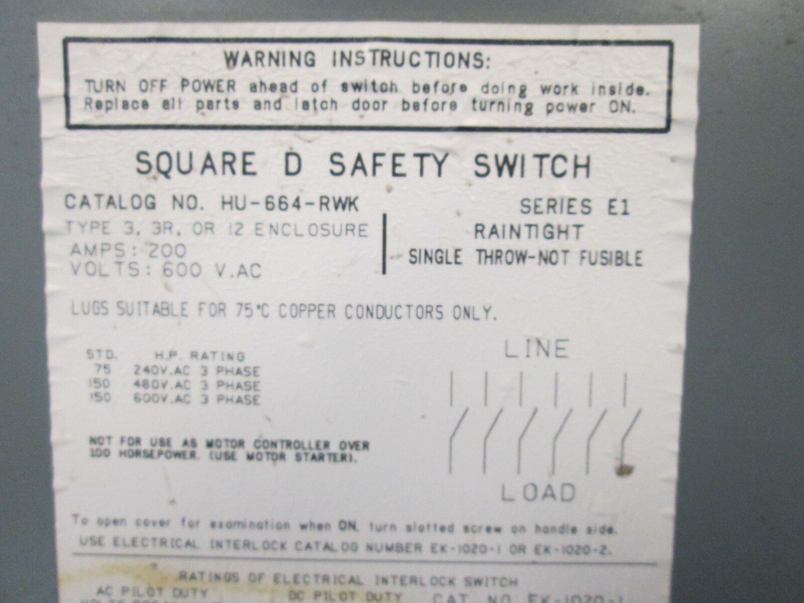 Square D Non Fusible 3R Safety Switch HU-664-RWK 200A 600V 6P Nema 3R Enclosure