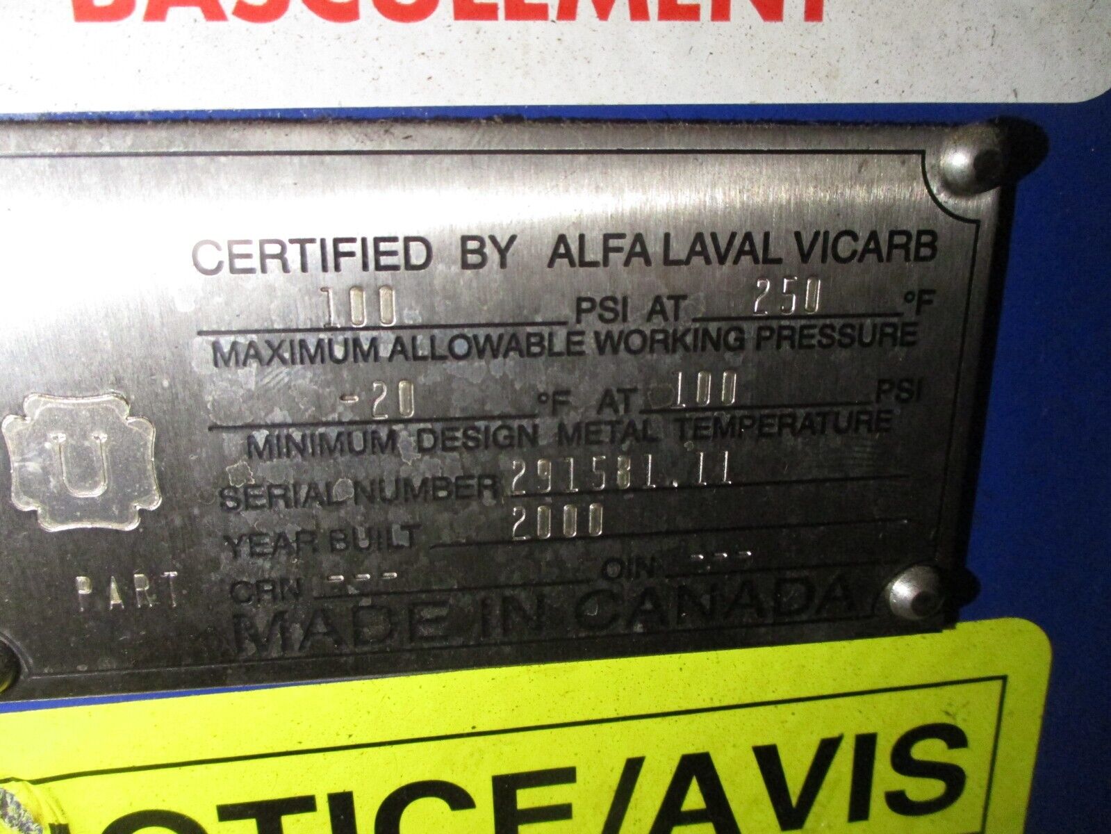 Alfa Laval Plate & Frame Heat Exchanger Serial #: 291581.11 Max: 100PSI@250°F