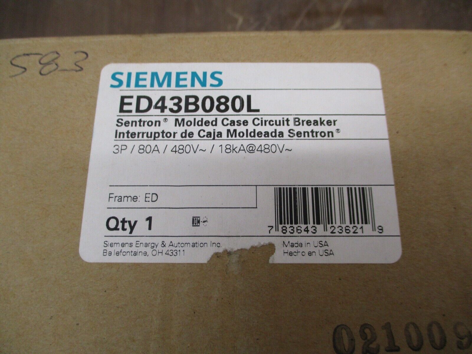 Siemens Sentron Circuit Breaker ED43B080L 80A 480V 3P New Surplus