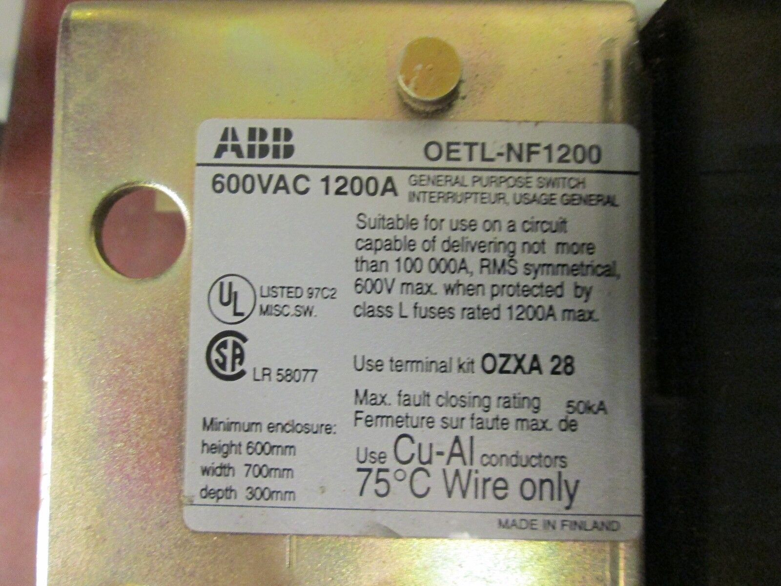 ABB General Purpose Disconnect Switch OETL-NF1200 1200A 600V 3P Used