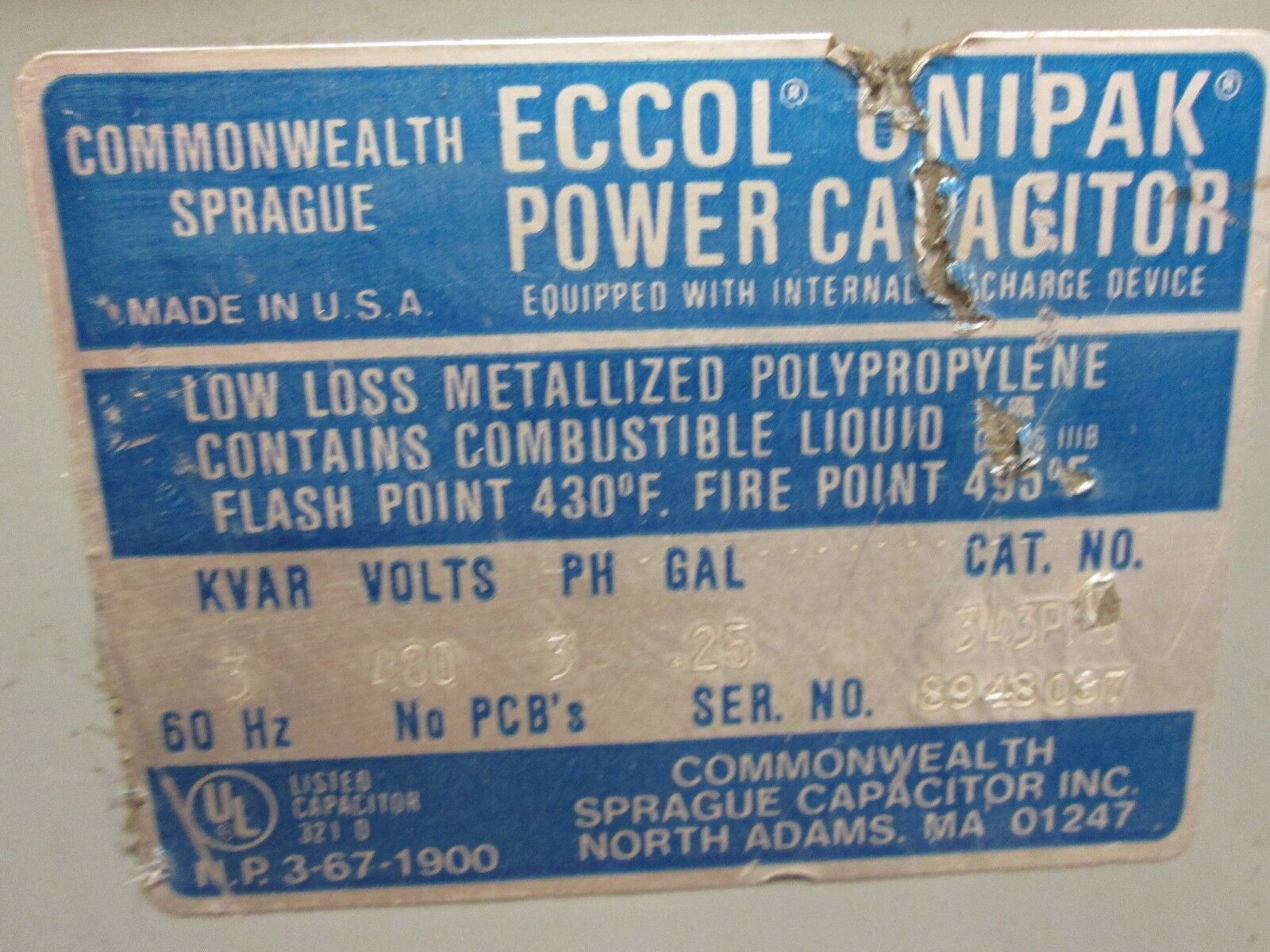 Commonwealth Sprague Eccol Unipak Power Capacitor 343PMU 3kvar 480V 3Ph Used