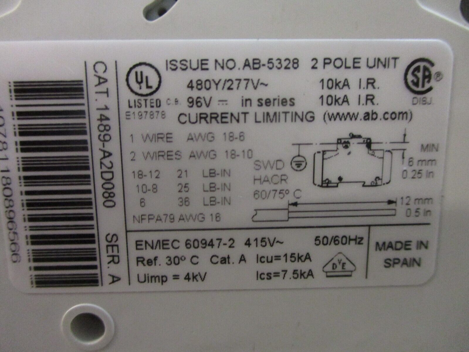 Allen-Bradley Circuit Breaker 1489-A2D080 8A 480Y/277V 2P Used