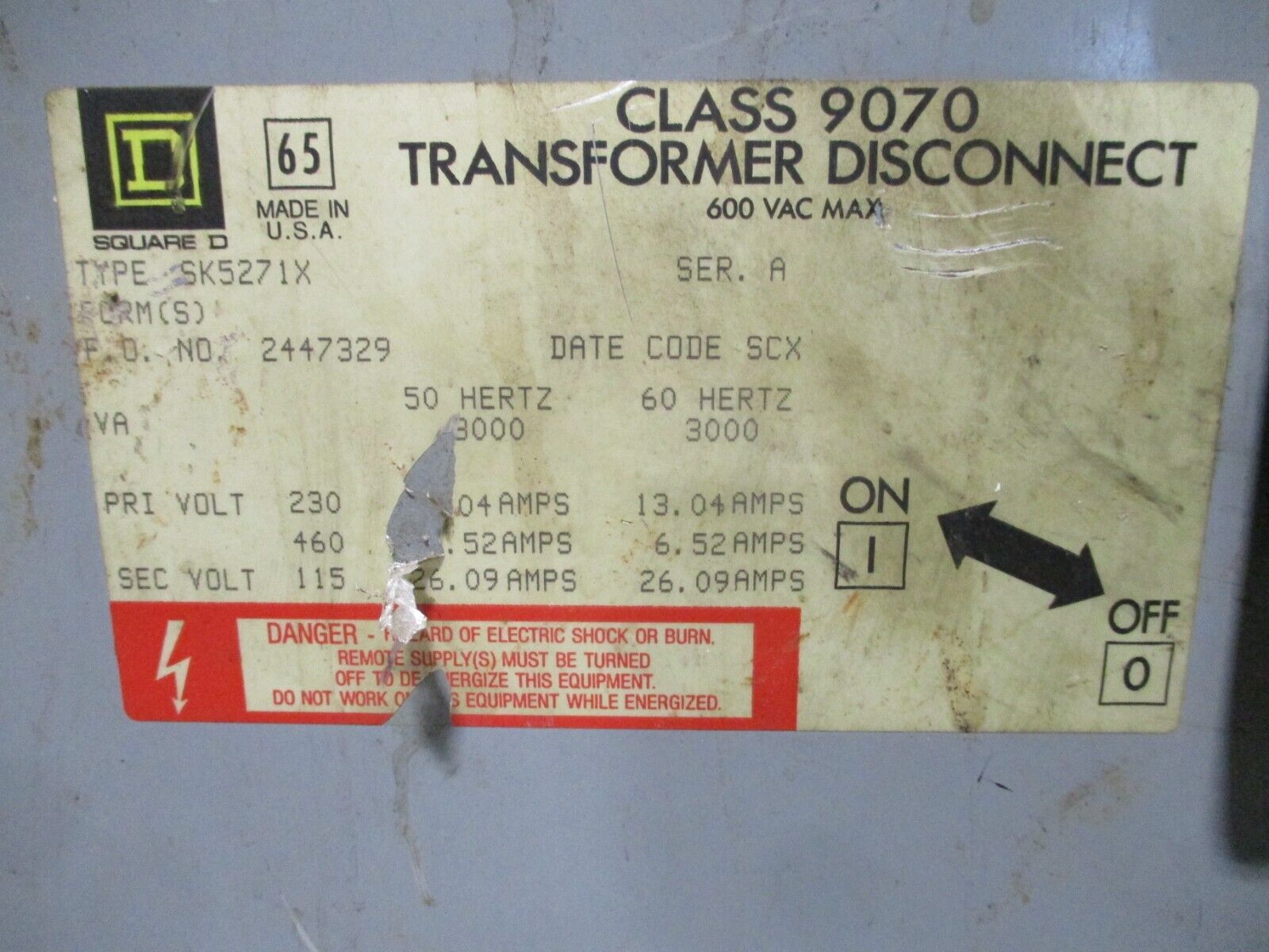 Square D Transformer Disconnect 9070 SK5271X 3kVA Pri: 230/460V Sec: 115V Used