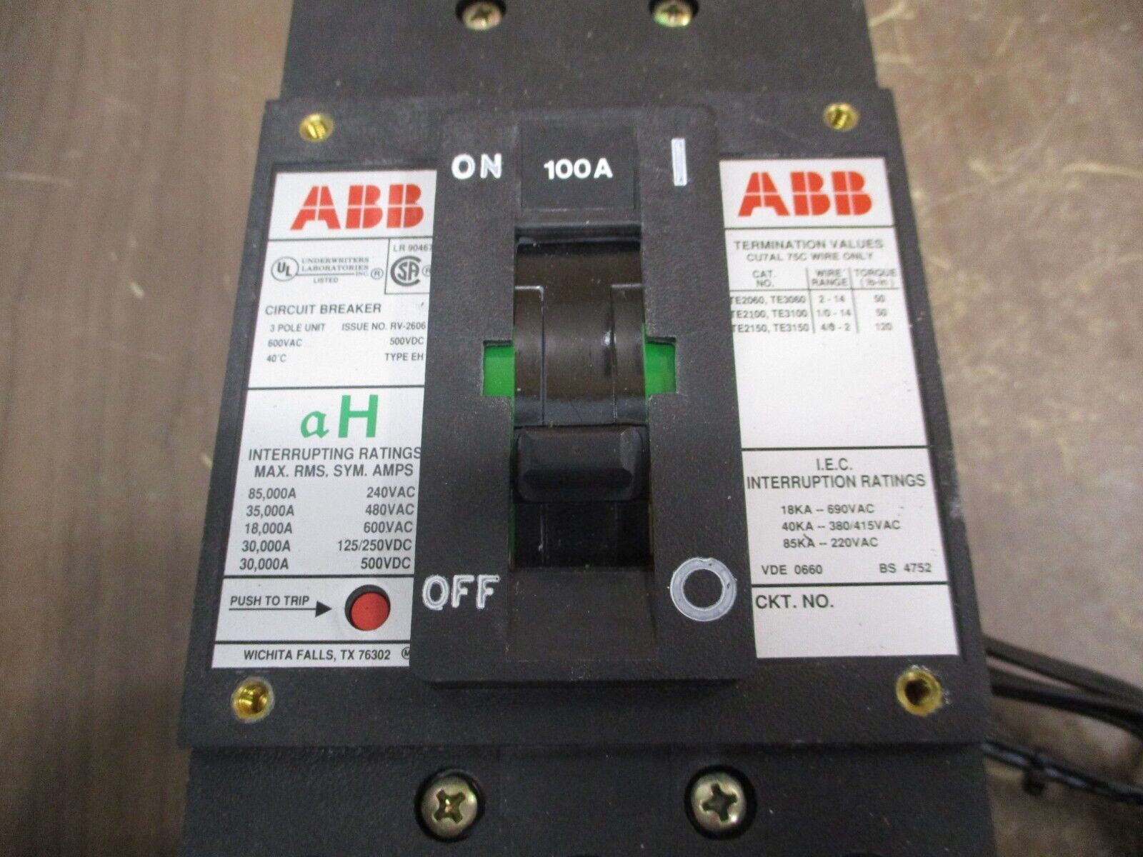 ABB Type EH Circuit Breaker EH-3P-100A 100A 600V 3P w/ Shunt Trip Used