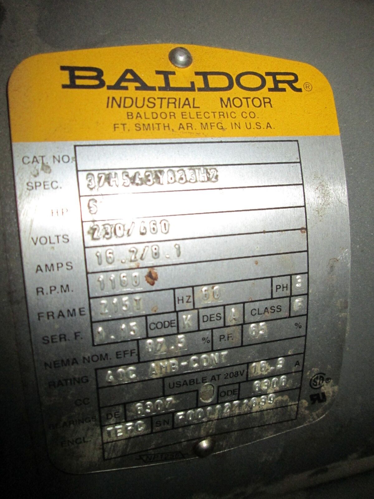 Baldor Motor 5HP 230/460V 16.2/8.1A 1160RPM 60Hz 3Ph Used