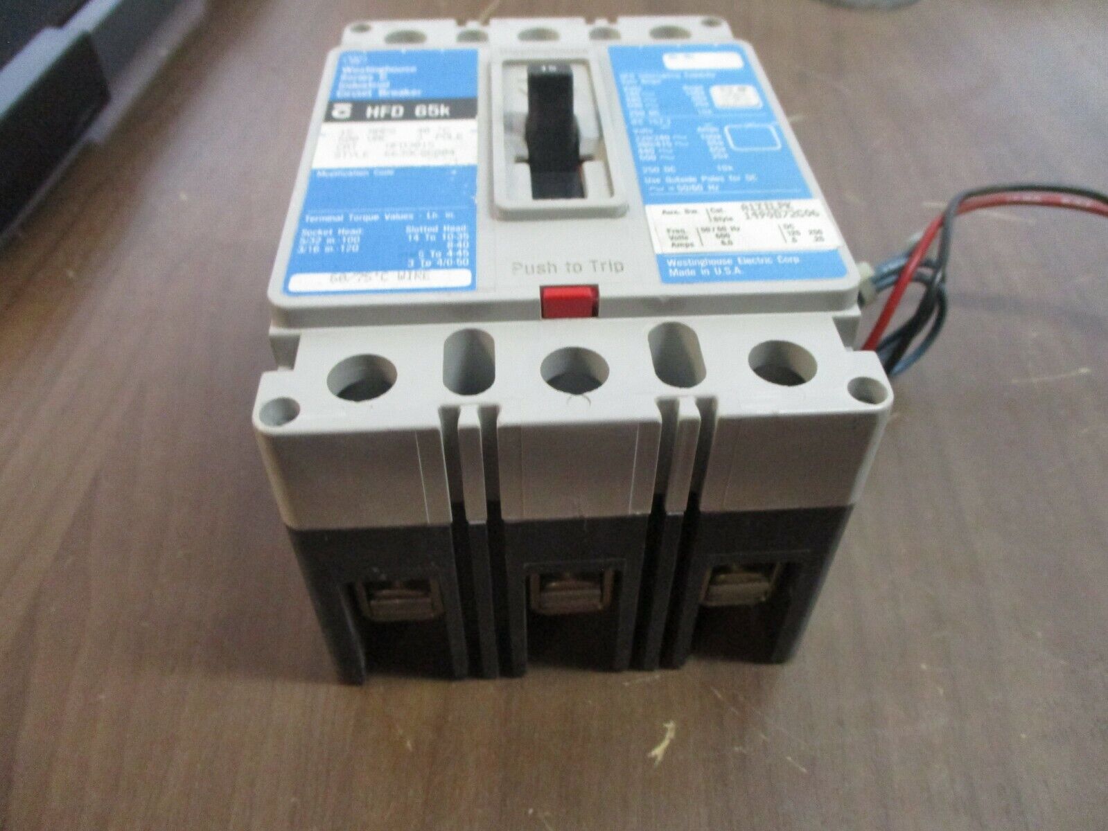 Westinghouse HFD 65K Circuit Breaker w/ Aux HFD3015 15A 600V 3P Used