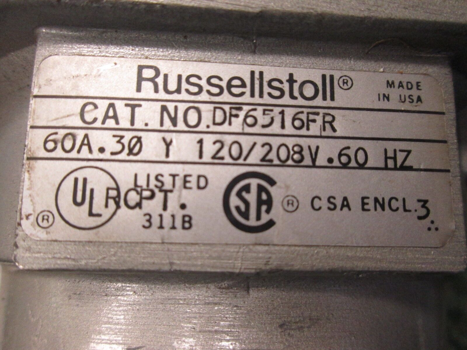 Russellstoll Receptacle DF6516FR 60A 120/208V 3Ph 5W Used