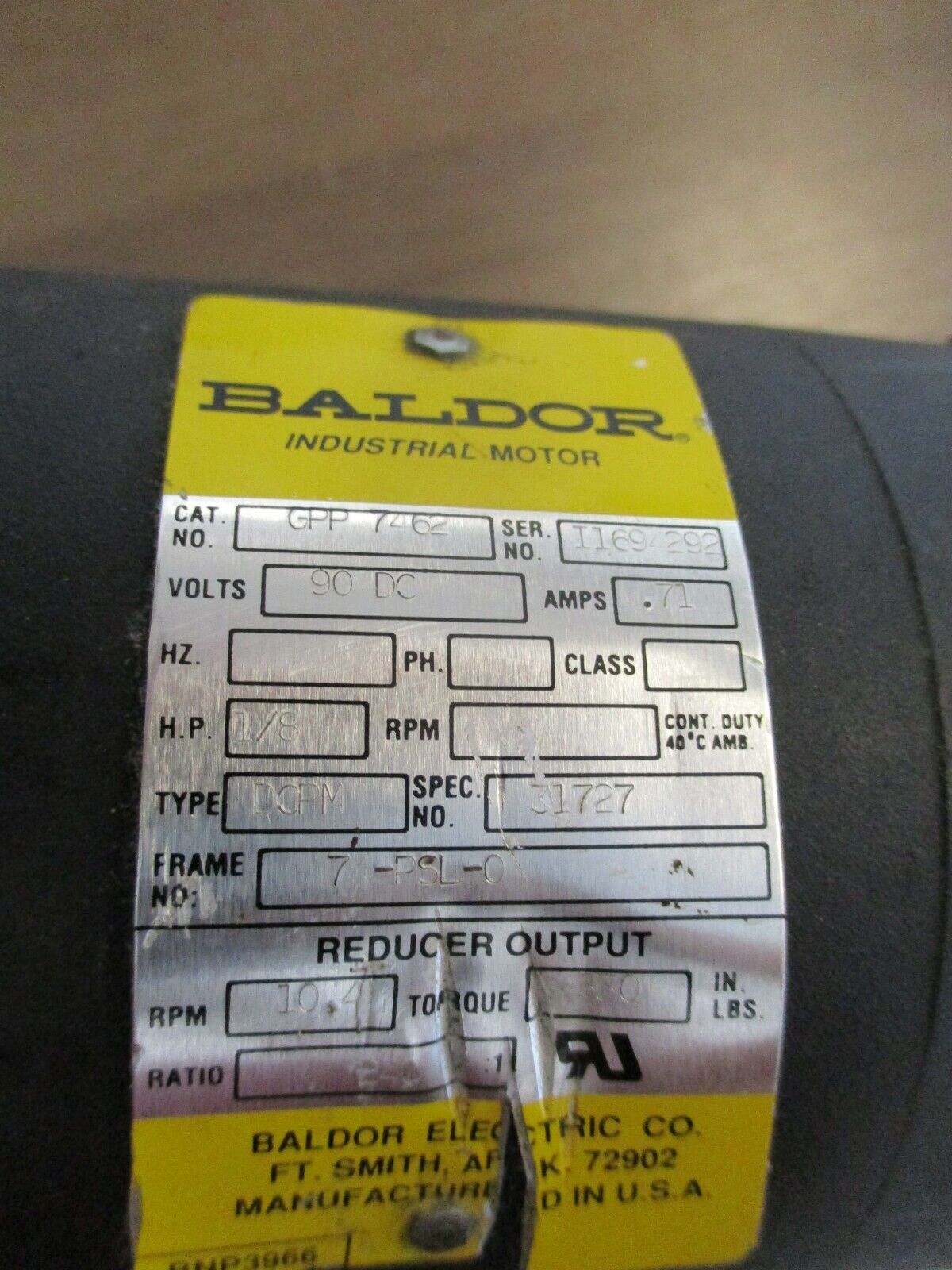 Baldor DC Gearmotor GPP 7462 1/8HP 90VDC 0.71A 10RPM Ratio 240:1 Used