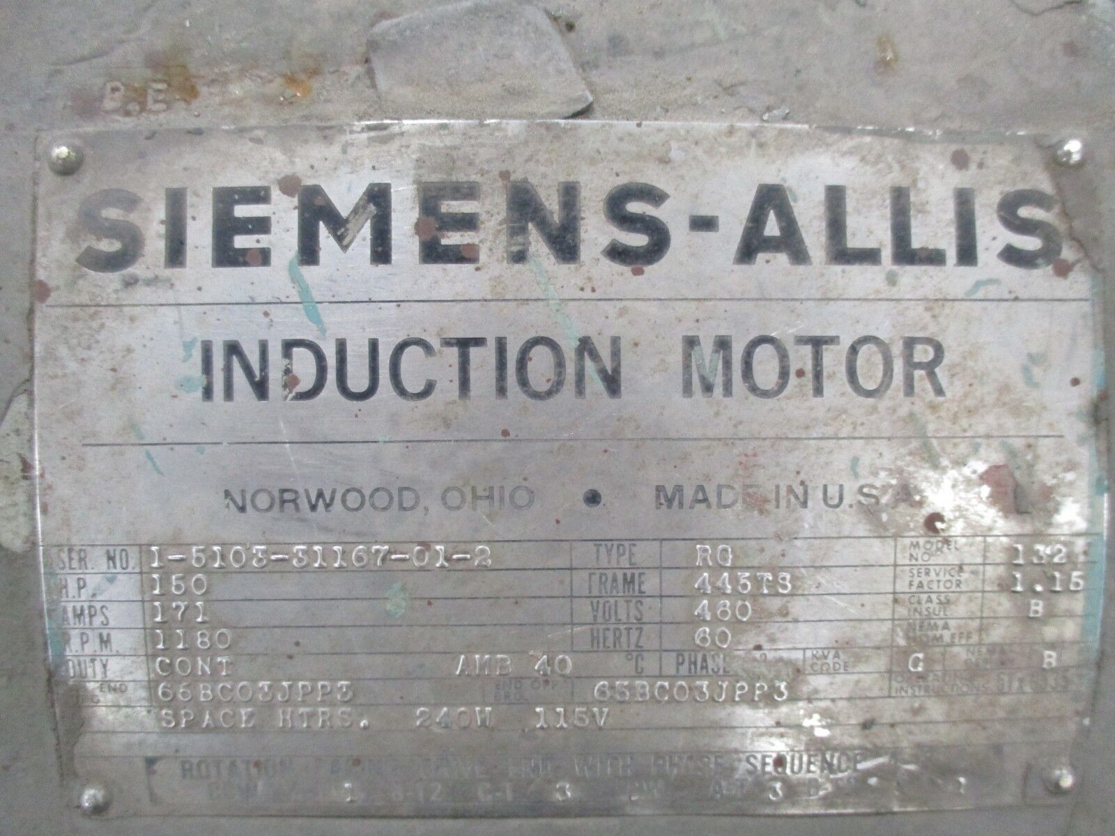 Siemens-Allis RG Induction Motor 445TS 150HP 1200RPM 460V 171A Used