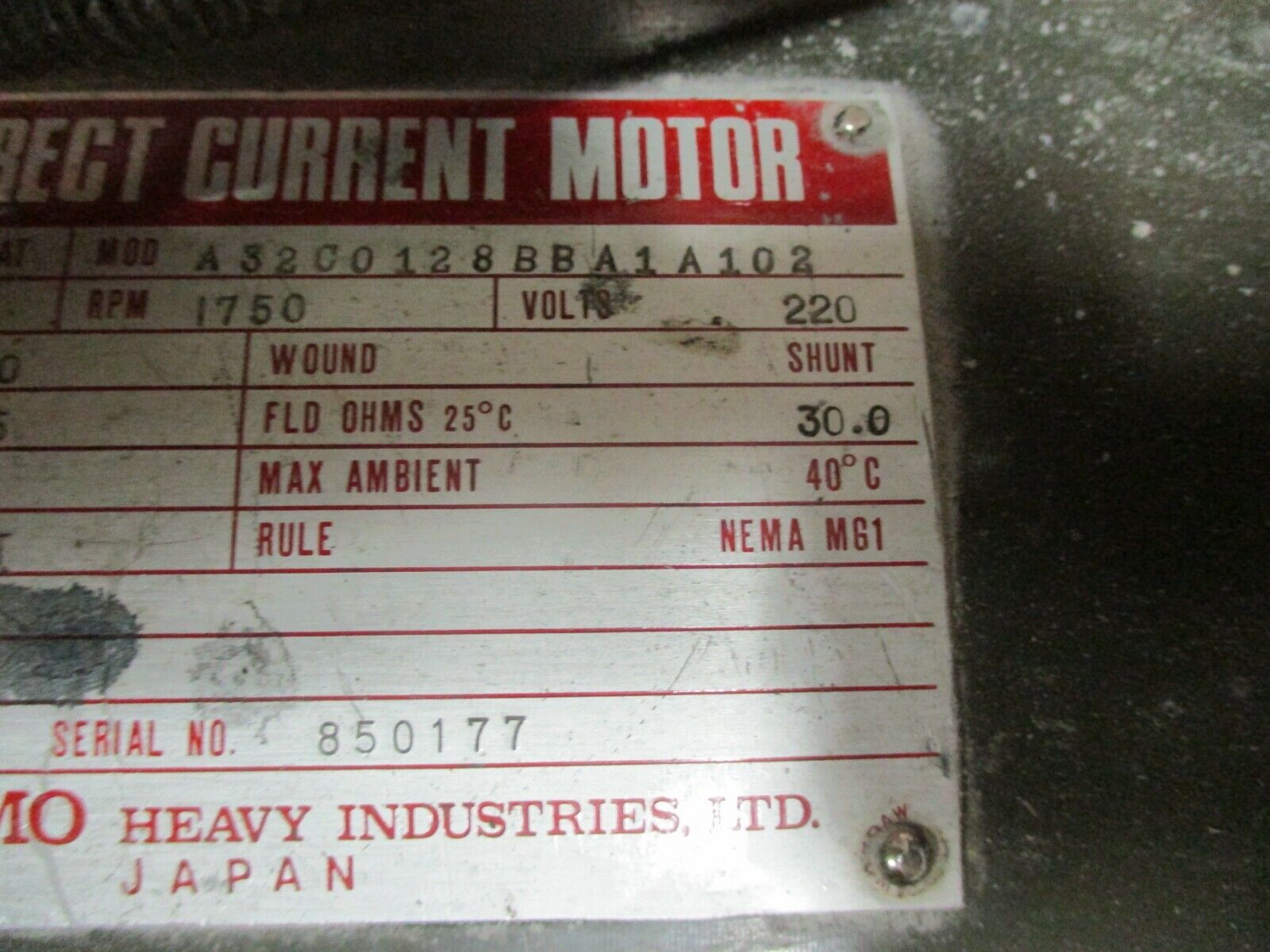 Sumitomo DC Motor A32C0128BBA1A102 33kW 1800RPM 220V w/ Blower Used