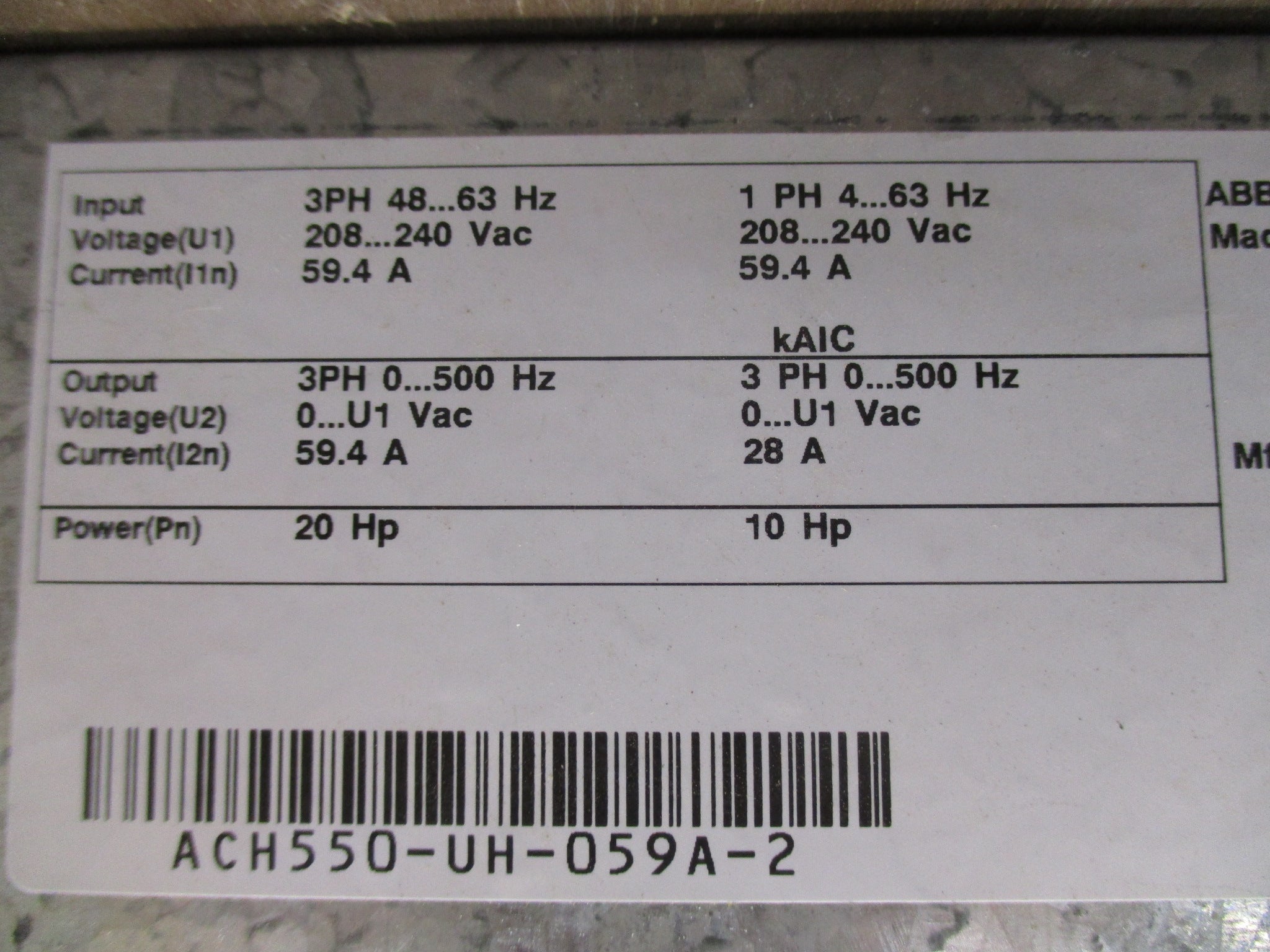 ABB ACH550 AC Drive ACH550-UH-059A-2 20HP / 10HP w/ Keypad Used