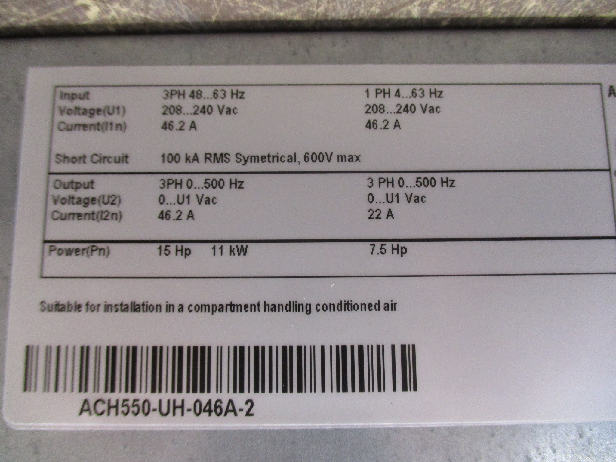 ABB ACH550 AC Drive ACH550-UH-046A-2 15HP/7.5HP w/ Keypad Used