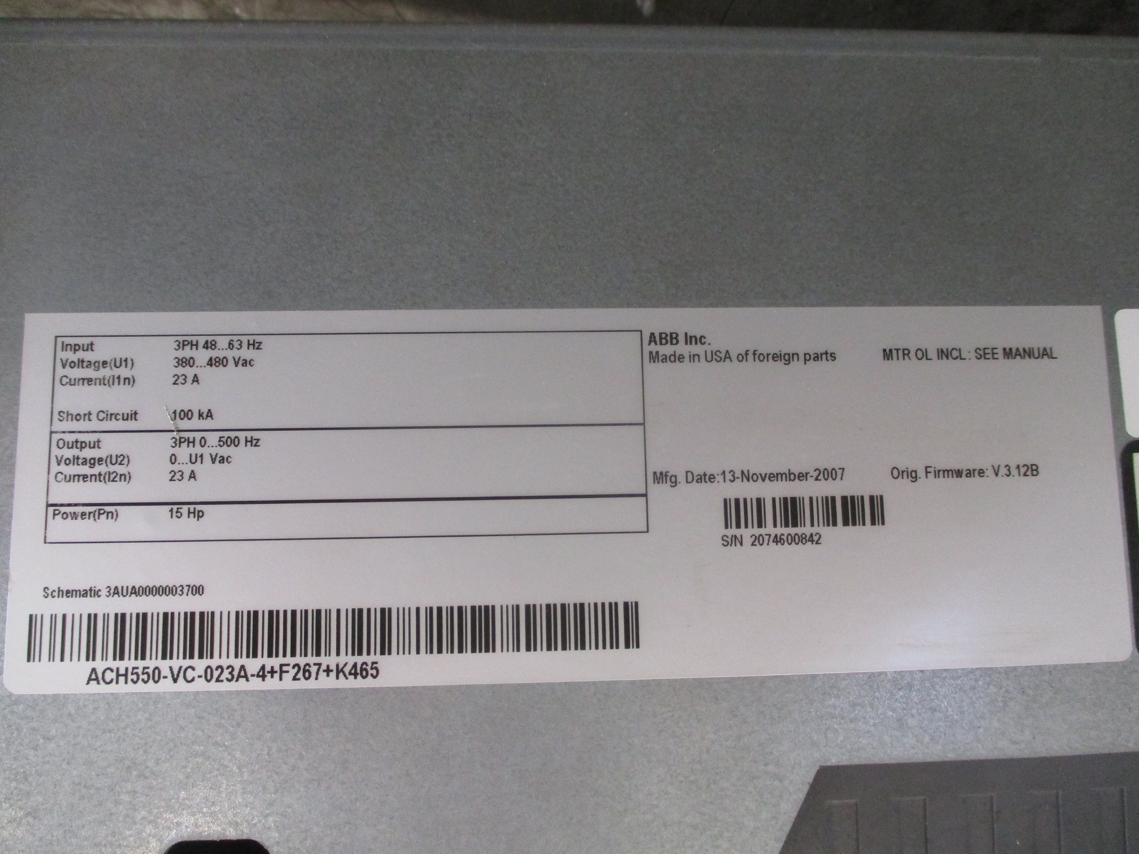 ABB ACH550 AC Drive W/Bypass ACH550-VC-023A-4+K465 15HP 3Ph Input: 3PH 48-63Hz 380-480VAC 23A Output: 3PH 0-500Hz 0-U1VAC 23A *No Keypad* Used