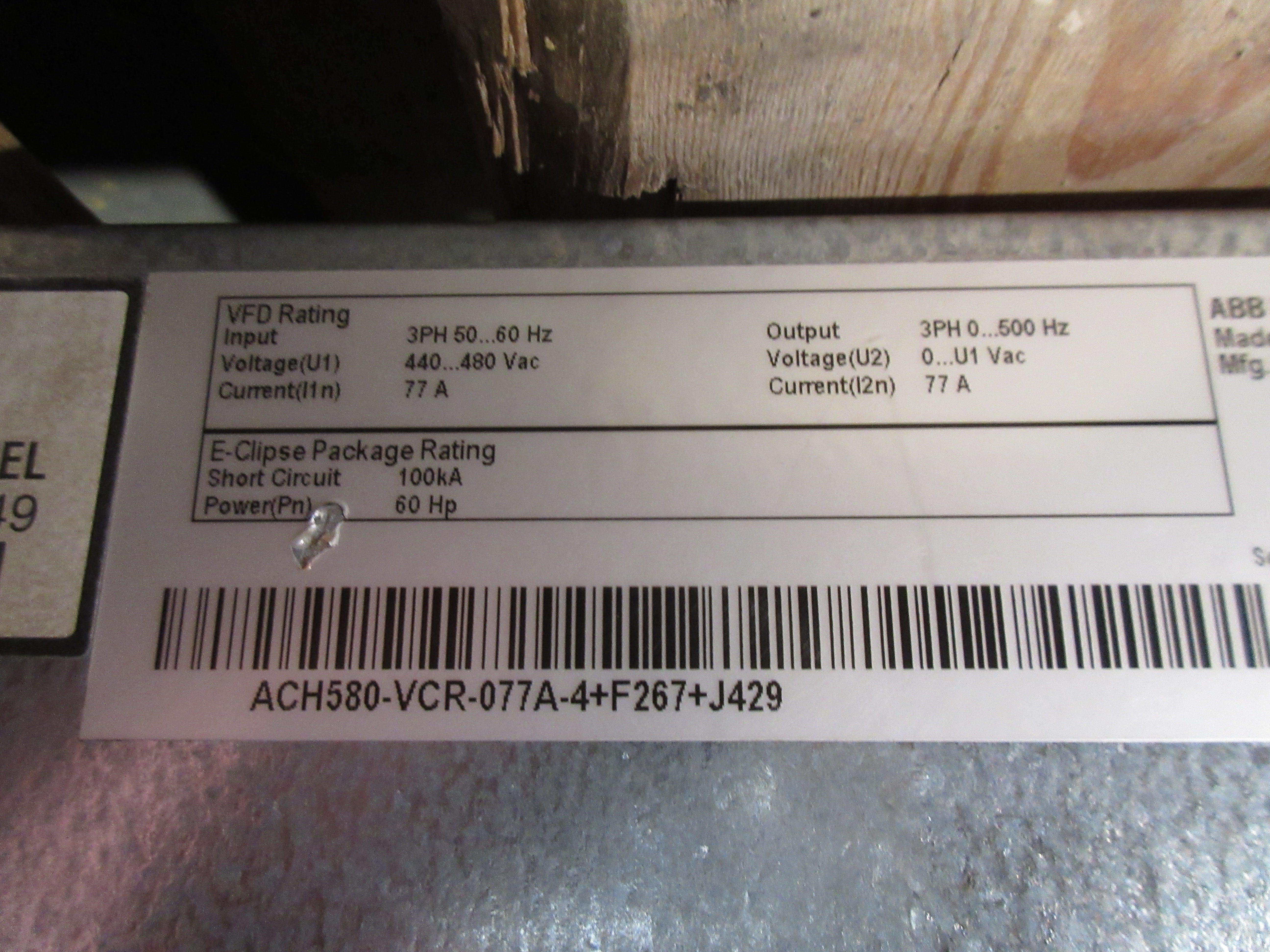 ABB ACH580 AC Drive w/ Bypass ACH580-VCR-077A-4+F267+J429 60HP 3Ph Used