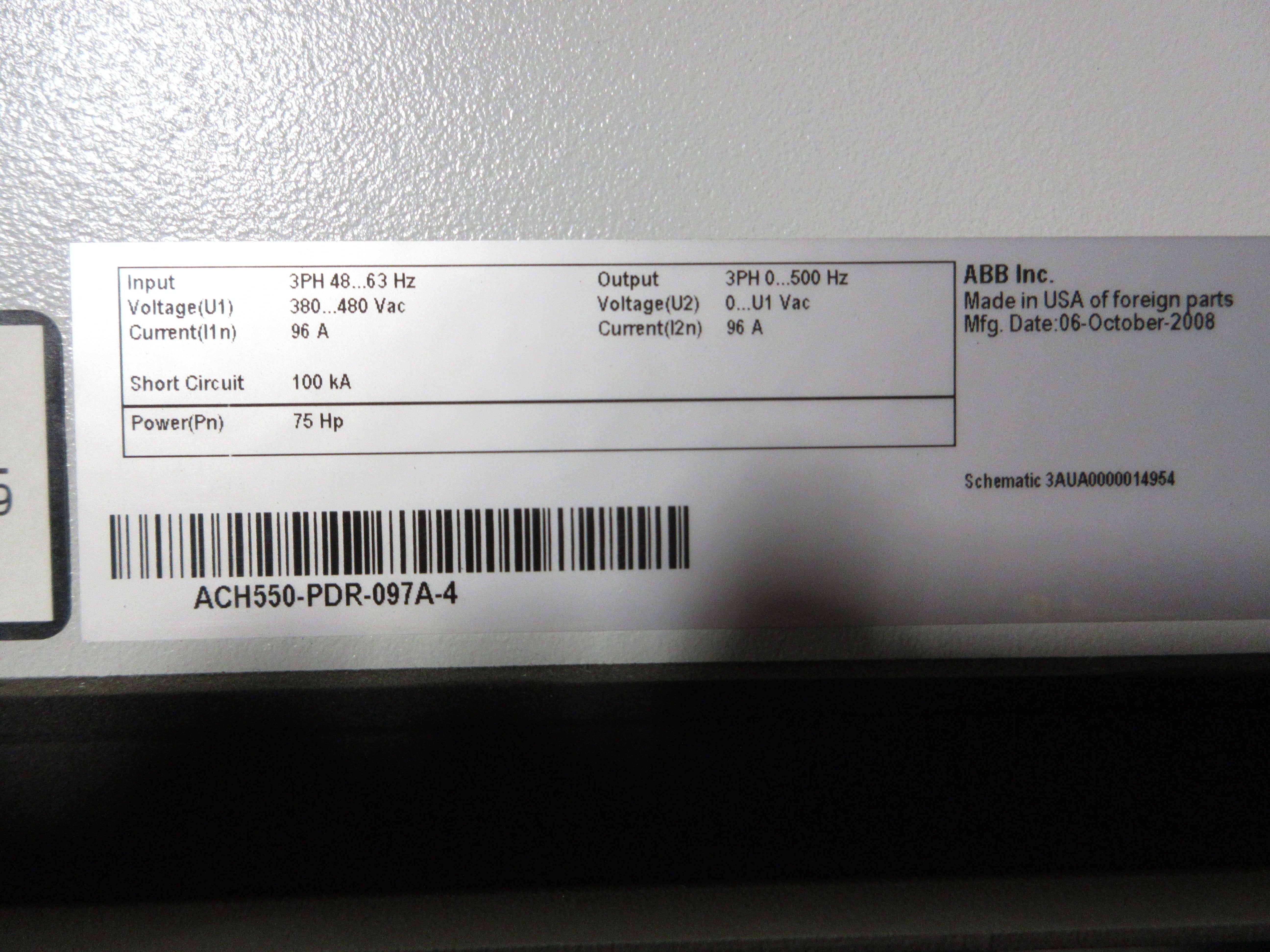 ABB ACH550 AC Drive ACH550-PDR-097A-4 75HP 3Ph w/ Keypad Used