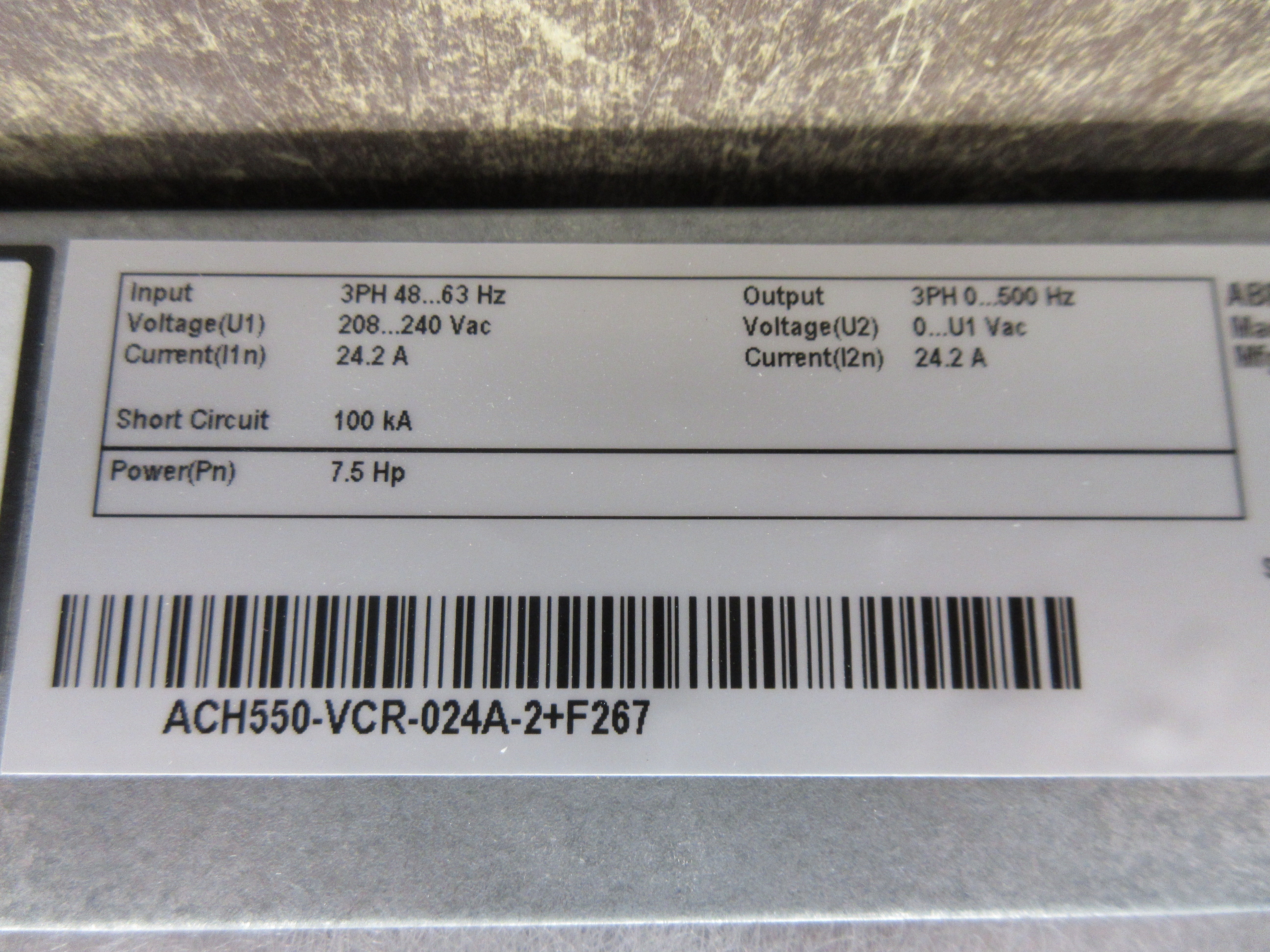 ABB ACH550 AC Drive w/ Bypass ACH550-VCR-024A-2+F267 7.5HP 3Ph w/ Keypad Used