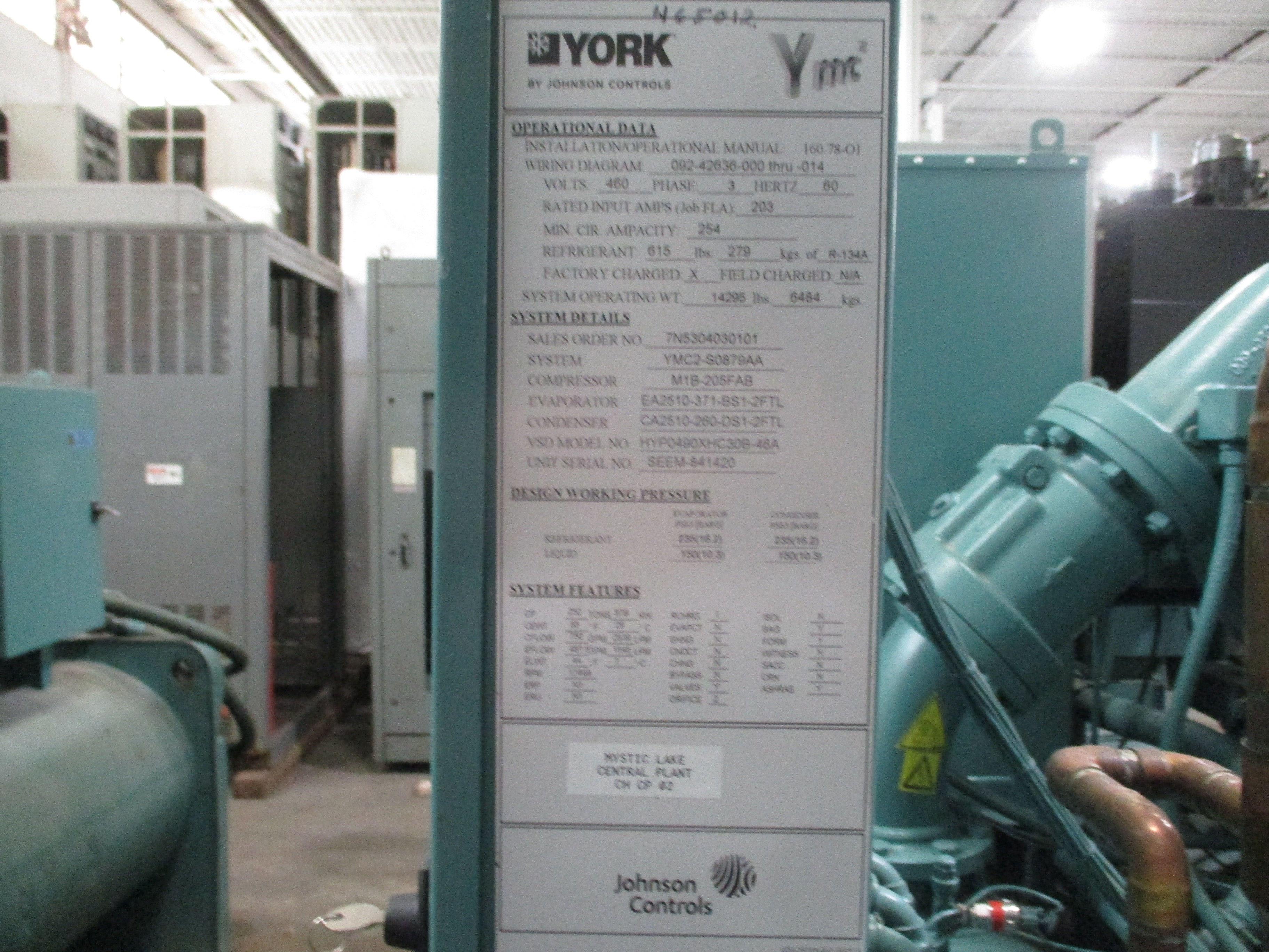 York YMC2 Water Cooled Chiller YMC2-S0879AA 250 ton 460V 3Ph R-134A 14,082 Operating Hours 22,263 Starts MFD: 2017