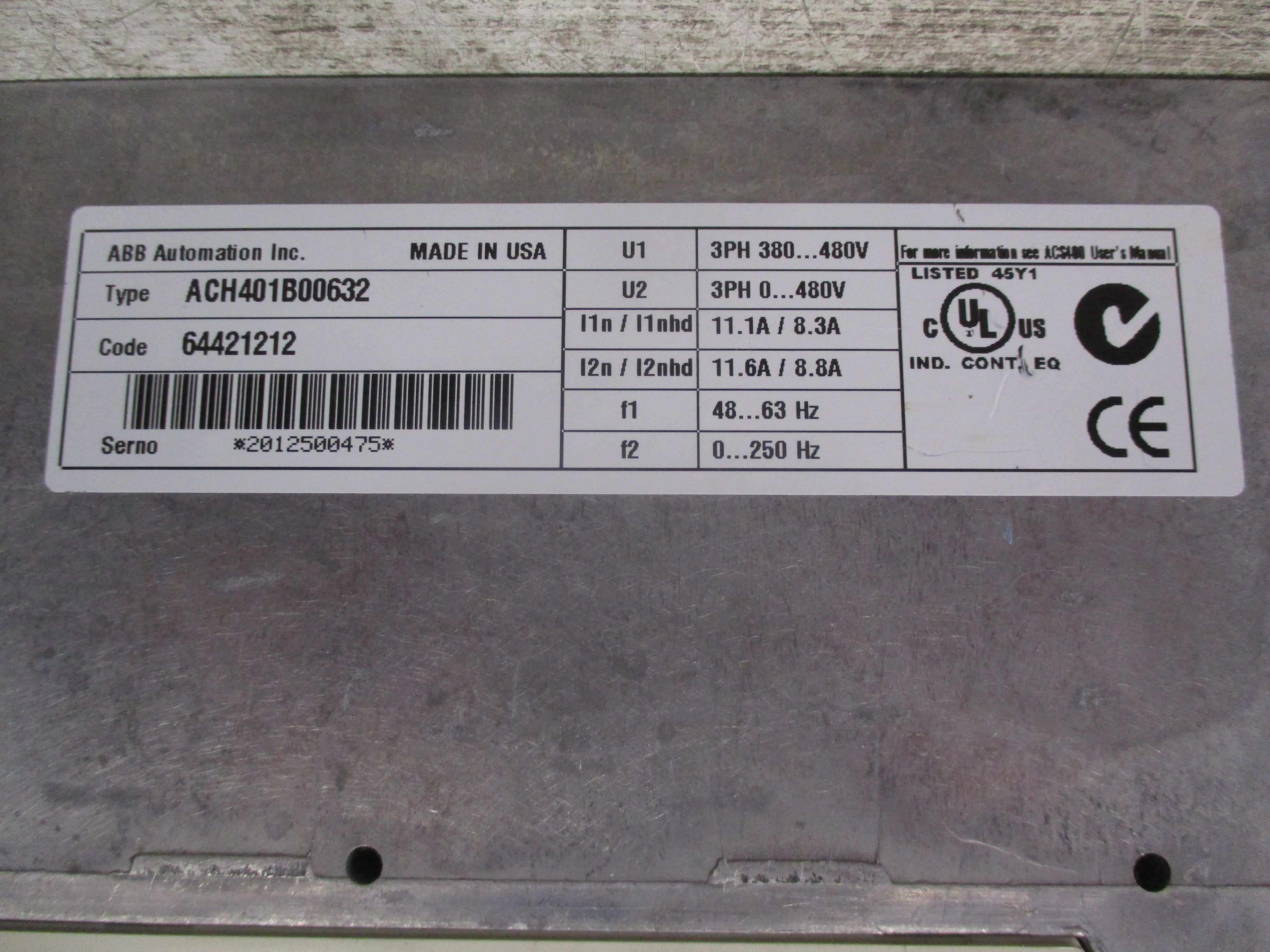 ABB ACH401 AC Drive ACH401B00632 7.5HP 3Ph Input: 3PH 380-480V Output: 3PH 0-480V *No Keypad* *Broken Cover Clips* Used