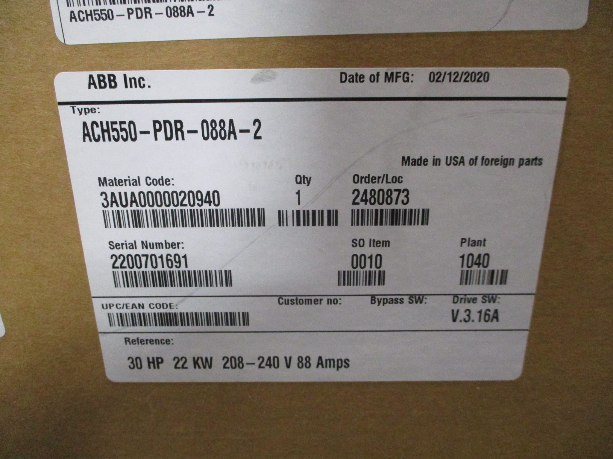 ABB ACH550 AC Drive ACH550-PDR-088A-2 30HP 208-240V 88A New Surplus