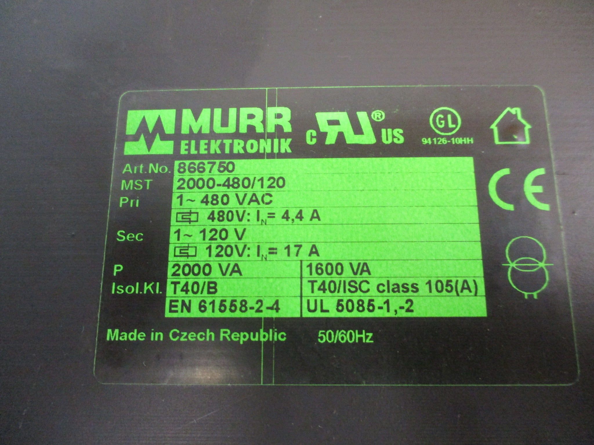 Murr Elektronik Transformer 866750 2000VA Pri: 480V Sec: 120V 1Ph Used