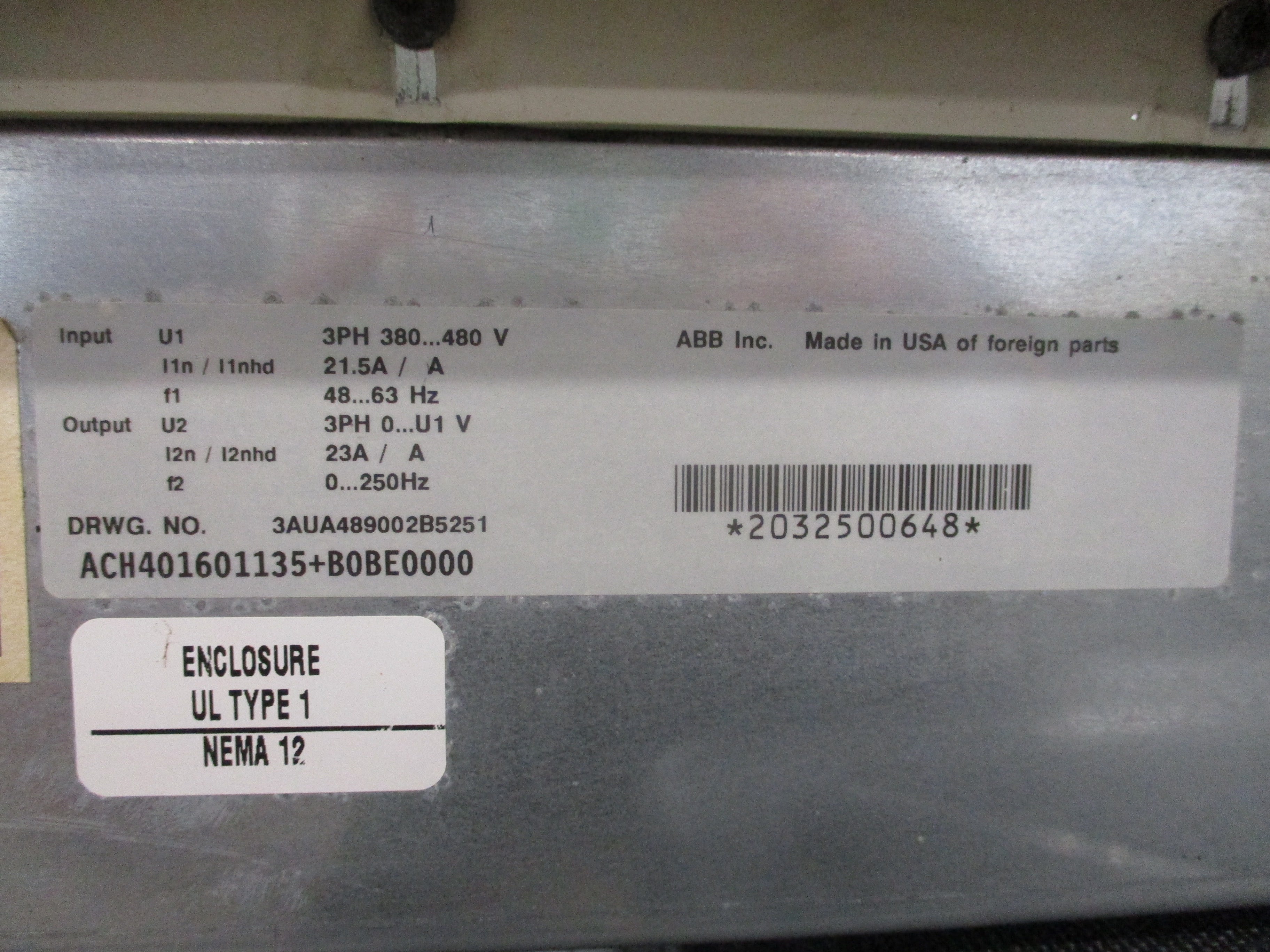 ABB ACH401 AC Drive W/Bypass ACH401601135+B0BE000 15HP 9Ph Input:3PH 380-480V 21.5A/A 48-63Hz Output: 3PH 0-U1 V 23A/A 0-250Hz W/Keypad * Broken Drive Cover * Used