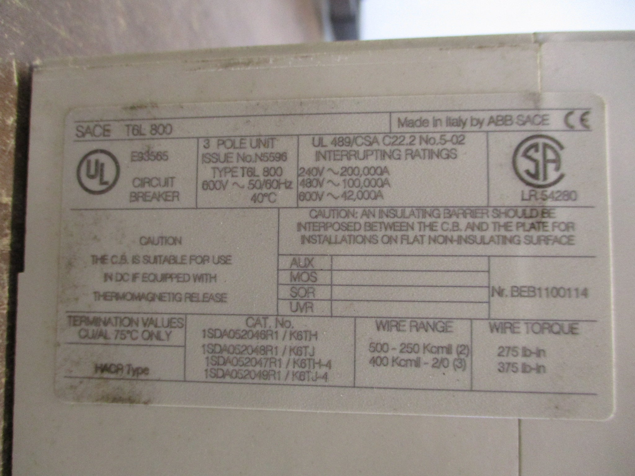 ABB SACE Tmax Breaker Disconnect T6L 800 / PR222DS/P 800A 600V 3P *Broken Top*