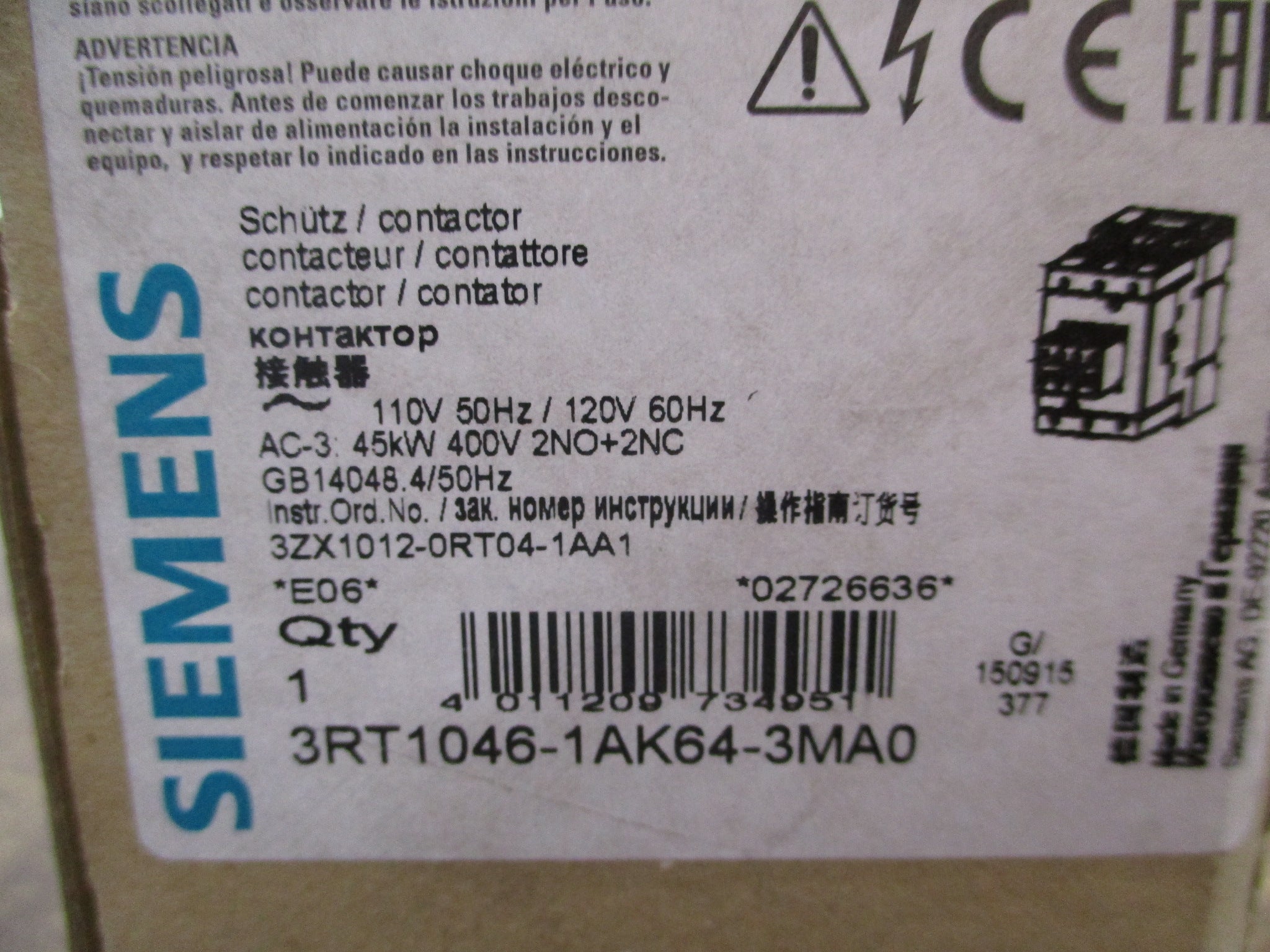 Siemens Contactor 3RT1046-1AK64-3MA0 120V Coil New Surplus