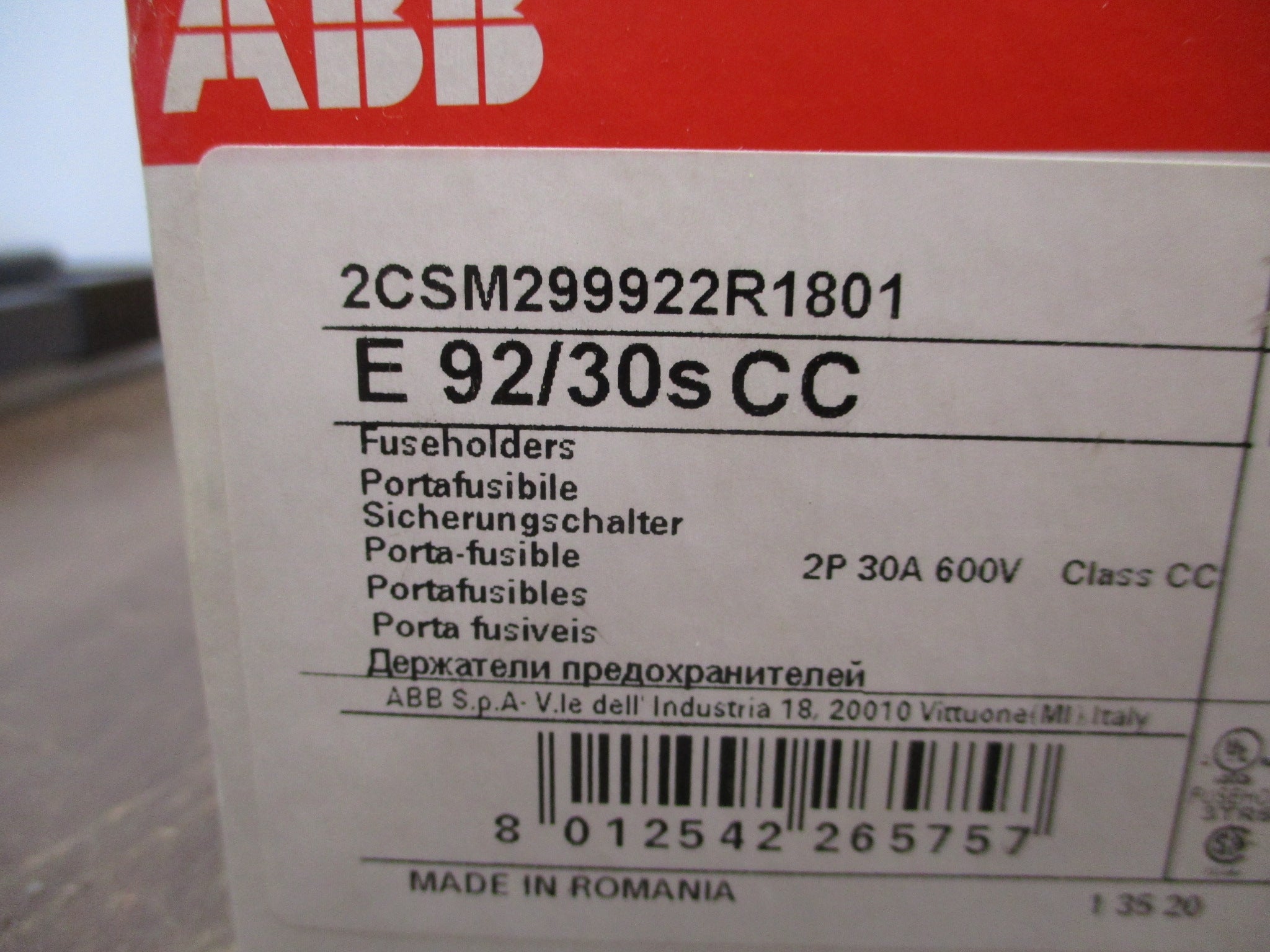 ABB E 92/30s CC Fuseholder 2CSM299922R1801 30A 600V 2P New Surplus