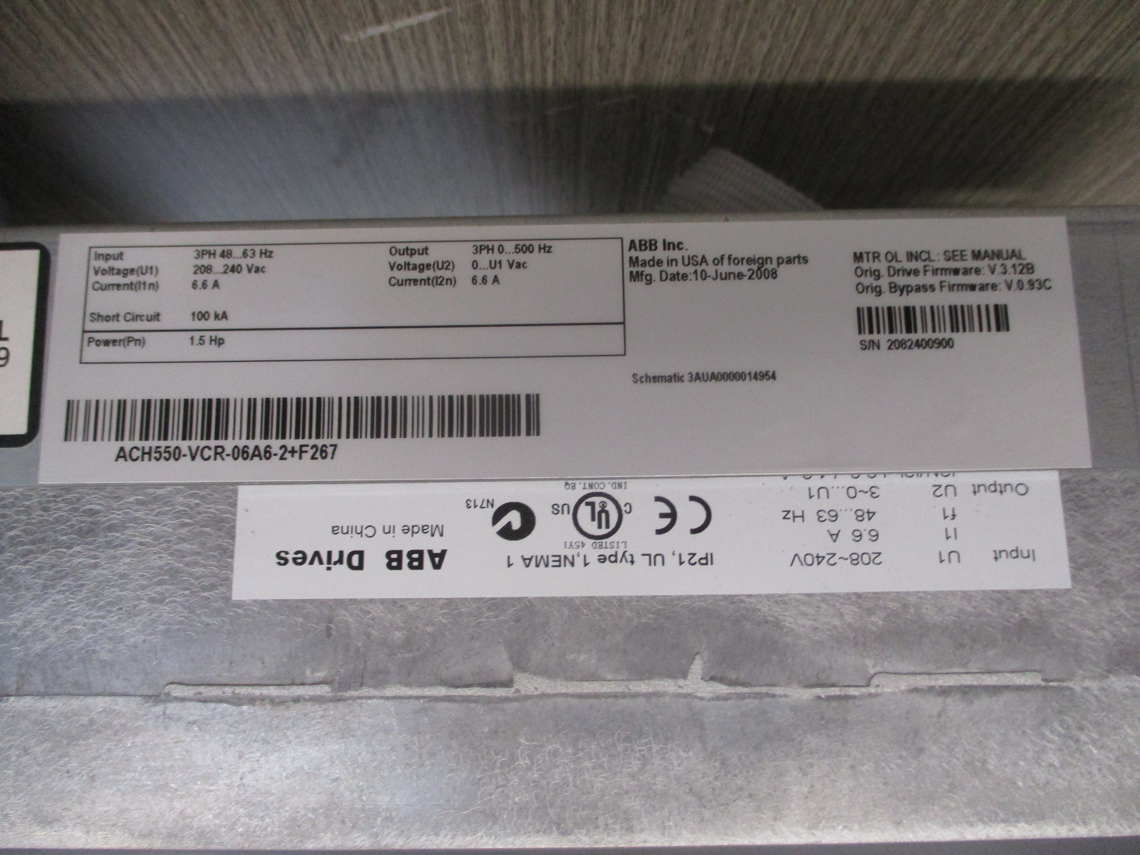 ABB ACH550-AC Drive W/Bypass ACH550-VCR-06A6-2+F267 1.5HP 3Ph Input: 3PH 48-63Hz 208-240 VAC 6.6A Output: 3PH 0-500Hz 0-U1 VAC 6.6A W/Keypad (Cracked Screen) Used