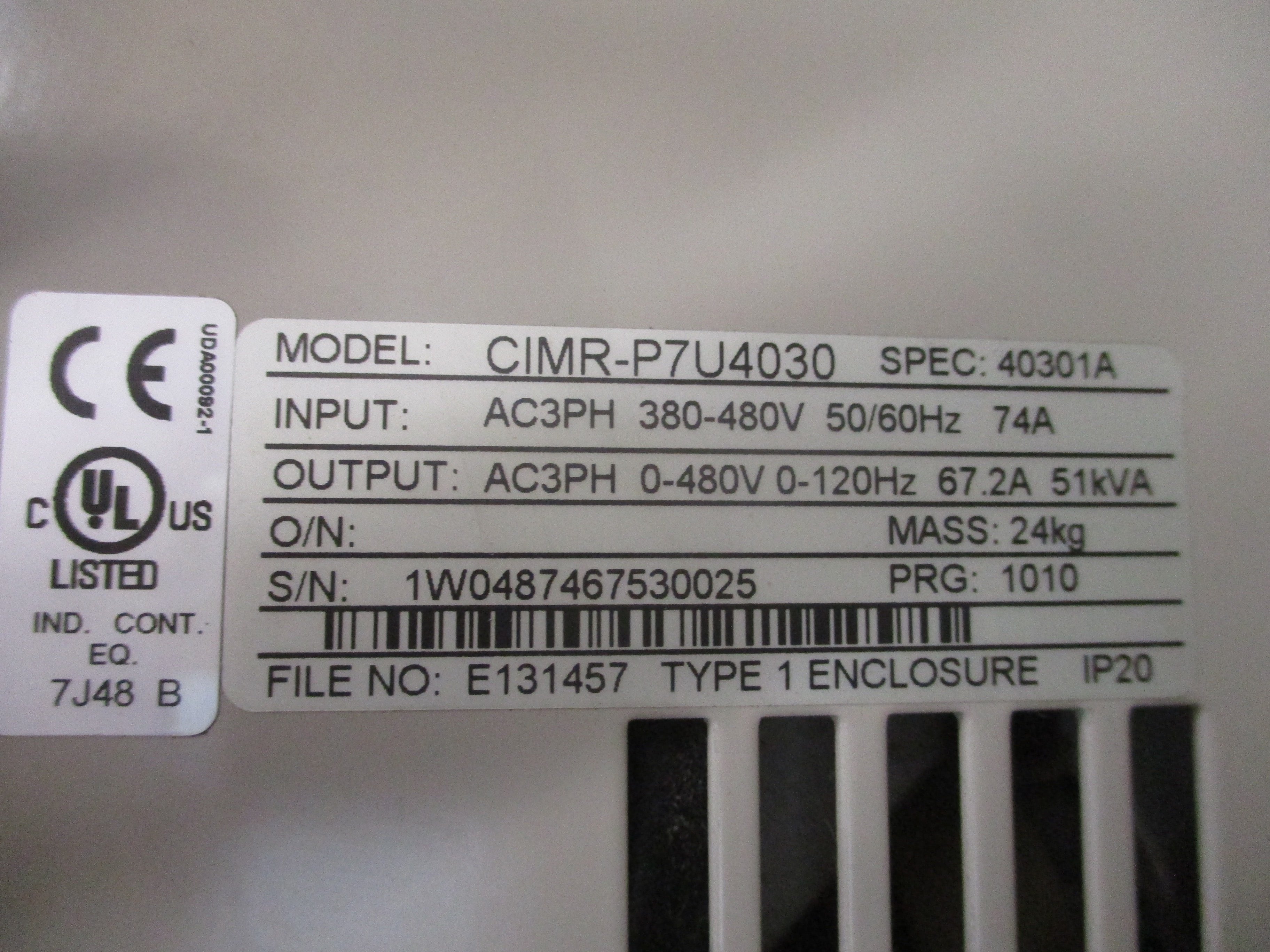 Yaskawa Varispeed P7 AC Drive CIMR-P7U4030 50HP 3Ph Input: AC3PH 380-480V 50/60Hz 74A Output: AC3PH 0-480V 0-120Hz 67.2A 51kVA W/Keypad Used