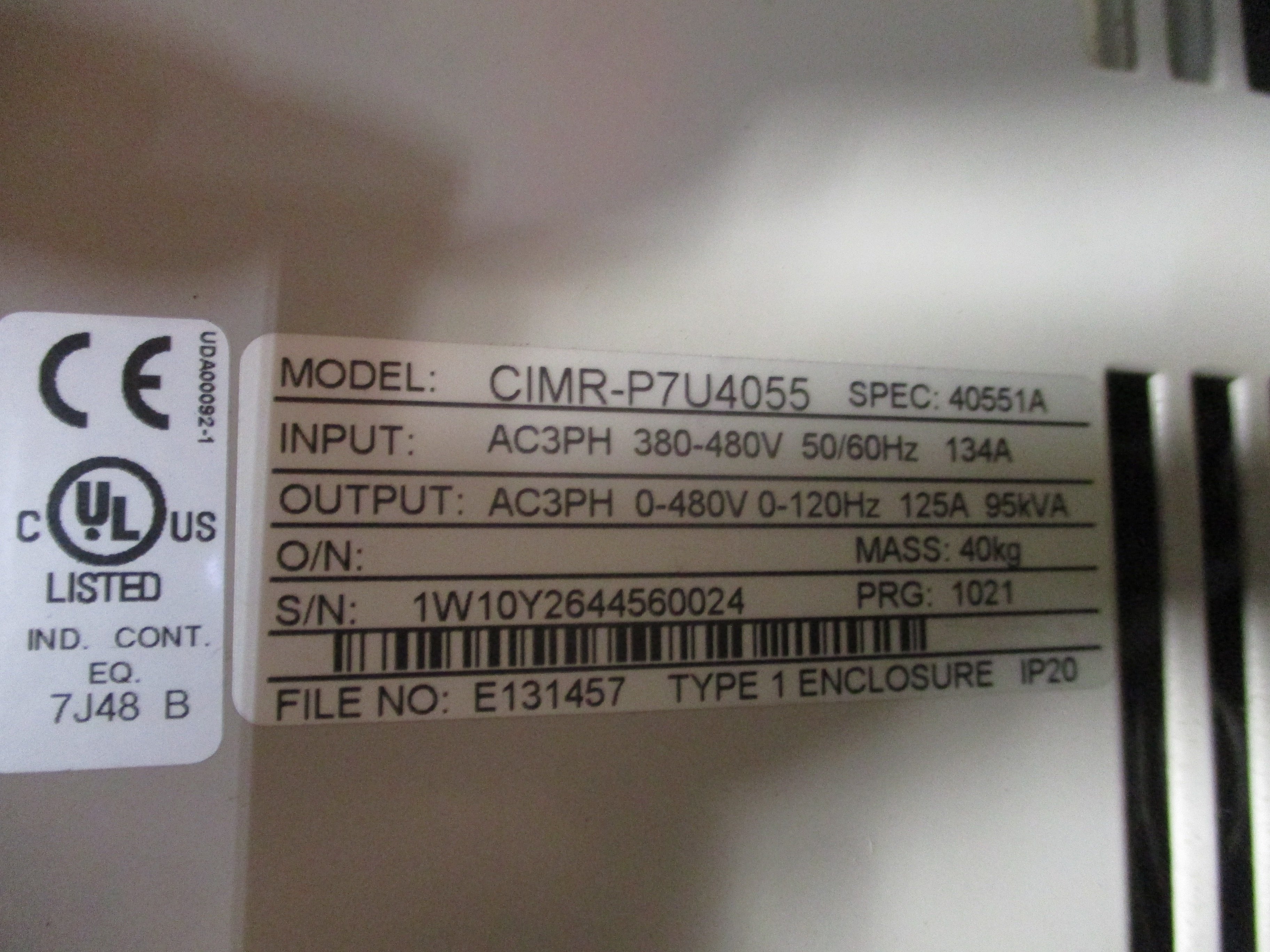 Yaskawa Varispeed P7 AC Drive CIMR-P7U4055 100HP 3Ph Input: AC3PH 380-480V 50/60Hz 134A Output: AC3PH 0-480V 0-120Hz 125A 95kVA W/Keypad Used